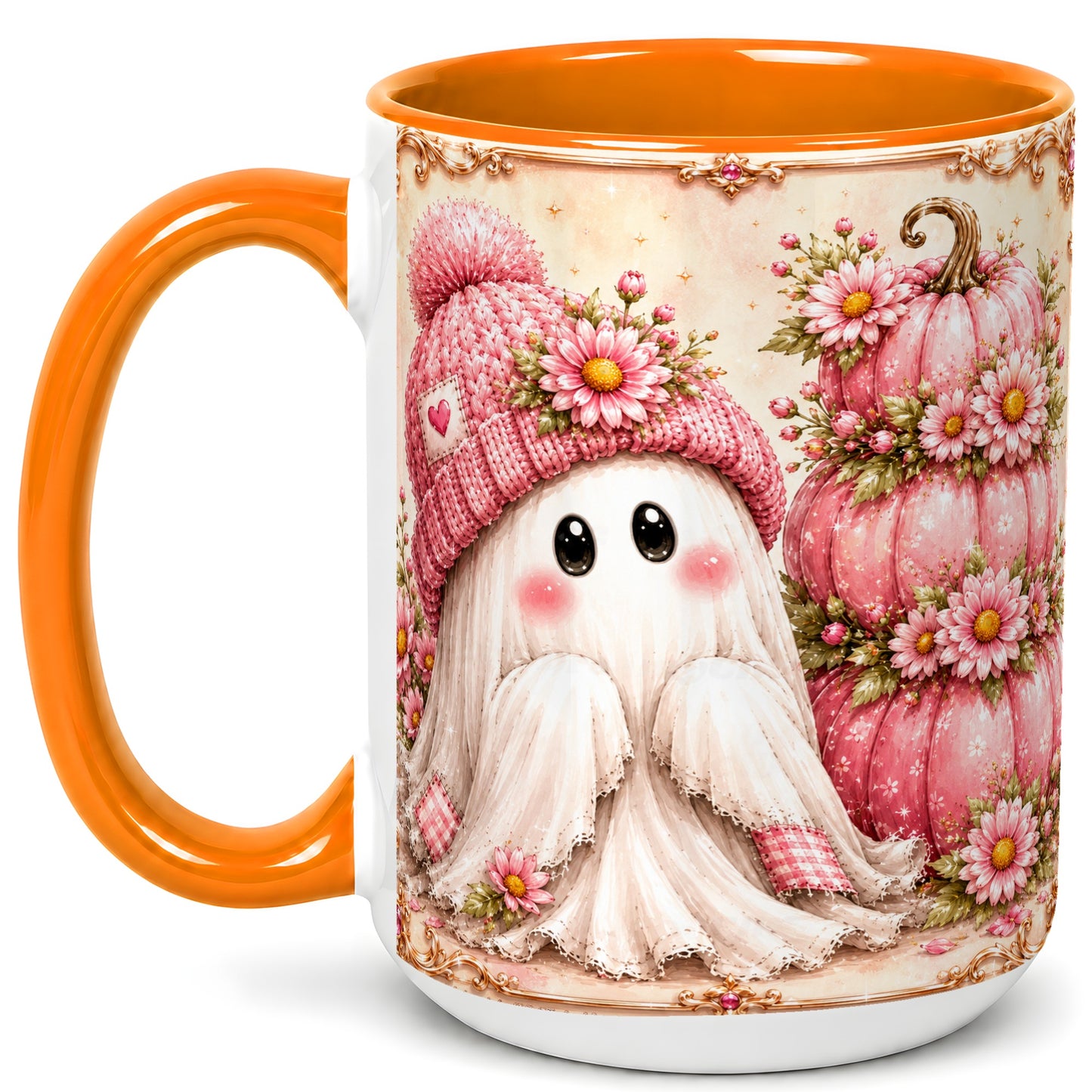 #pl[15oz|Orange] Pink Pumpkin Ghost Coffee Mug, Floral Autumn Mug, Ceramic Cup