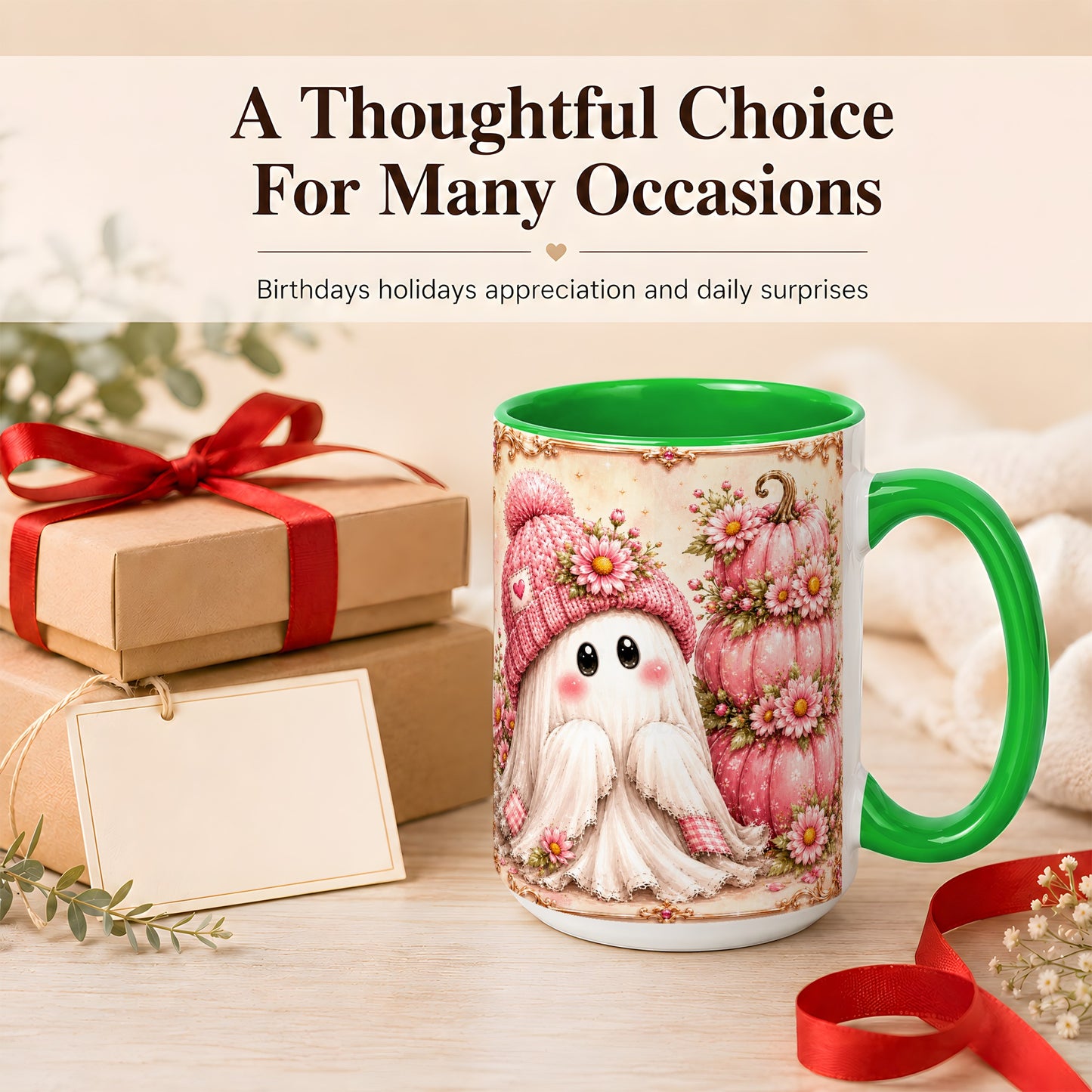 #pl[15oz|Green] Pink Pumpkin Ghost Coffee Mug, Floral Autumn Mug, Ceramic Cup