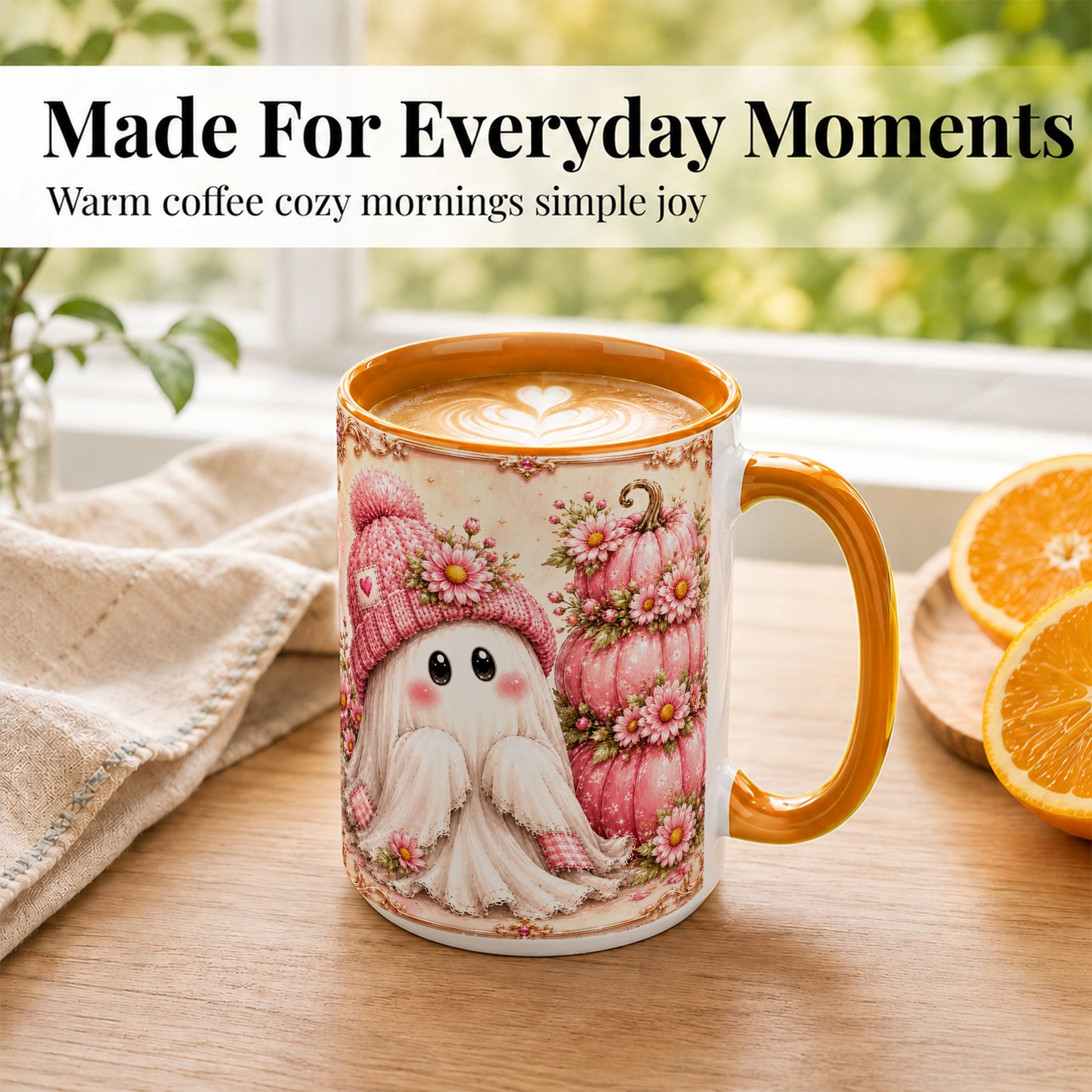 #pl[15oz|Orange] Pink Pumpkin Ghost Coffee Mug, Floral Autumn Mug, Ceramic Cup