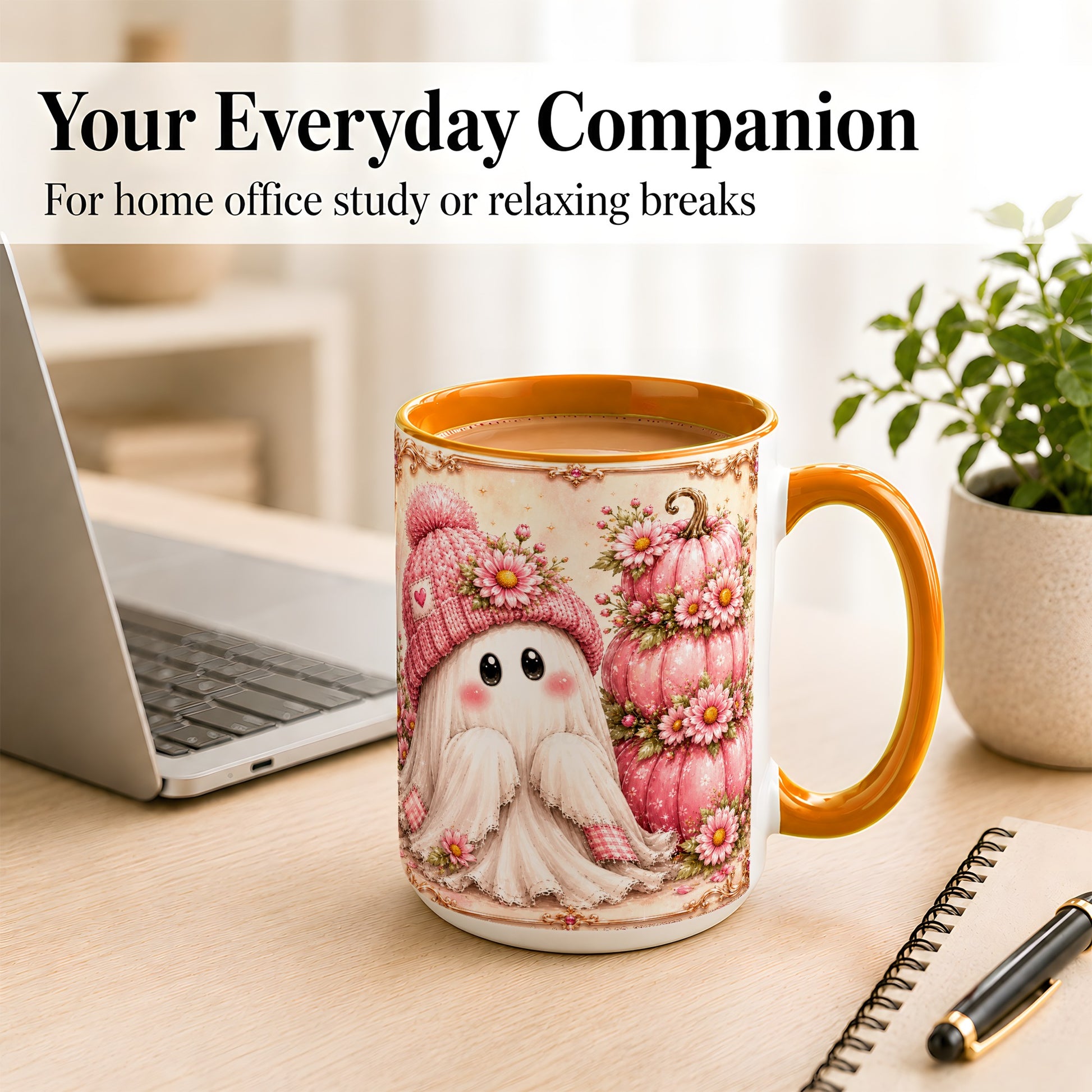 #pl[15oz|Orange] Pink Pumpkin Ghost Coffee Mug, Floral Autumn Mug, Ceramic Cup