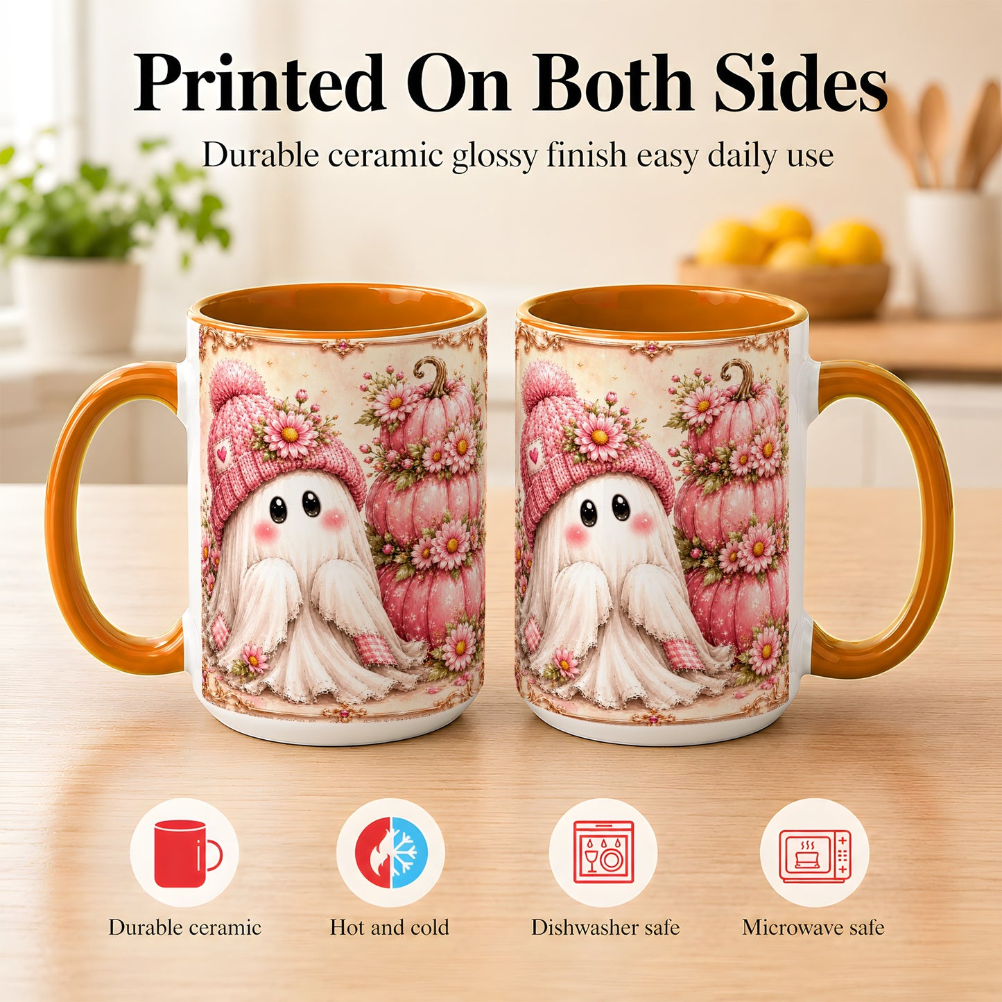#pl[15oz|Orange] Pink Pumpkin Ghost Coffee Mug, Floral Autumn Mug, Ceramic Cup
