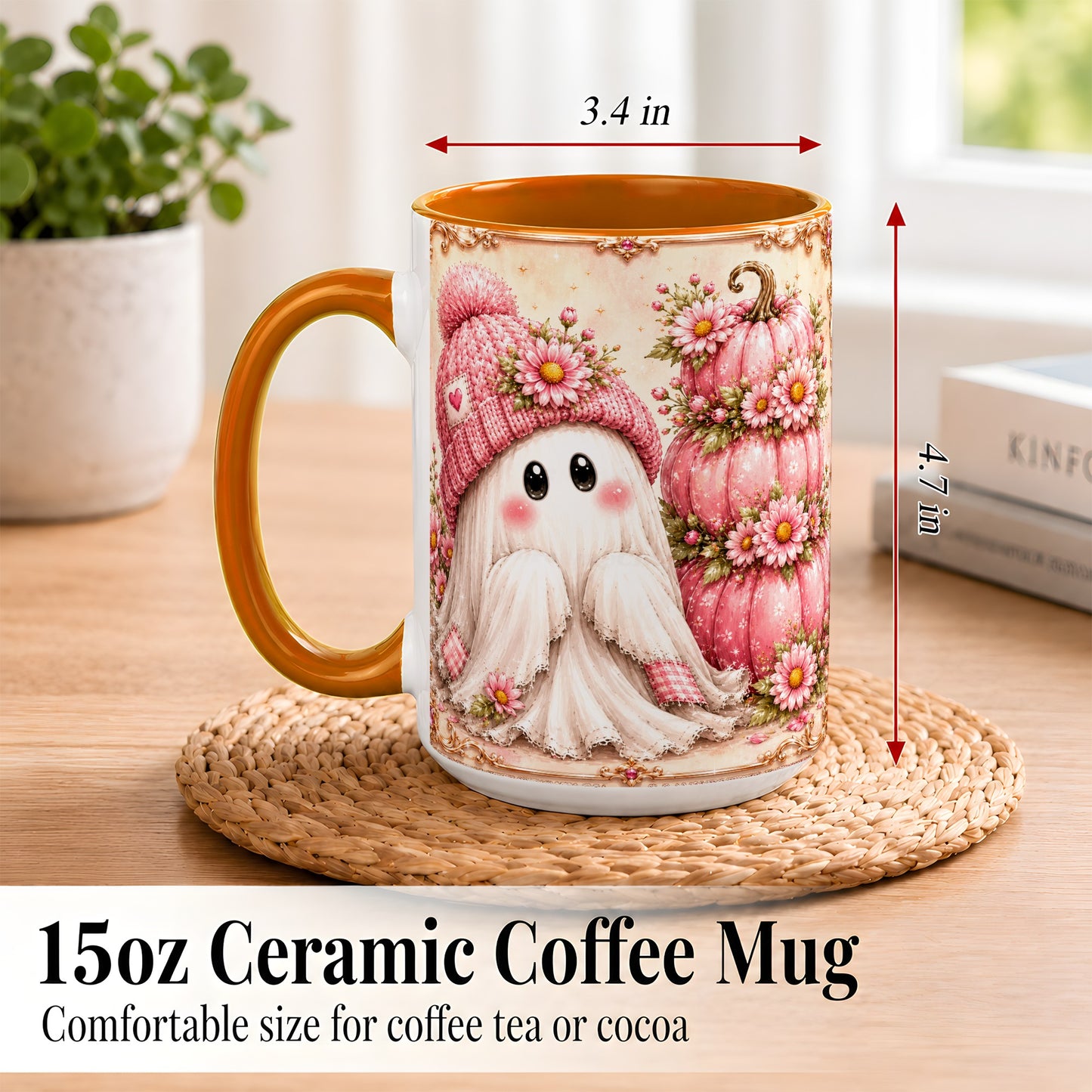 #pl[15oz|Orange] Pink Pumpkin Ghost Coffee Mug, Floral Autumn Mug, Ceramic Cup