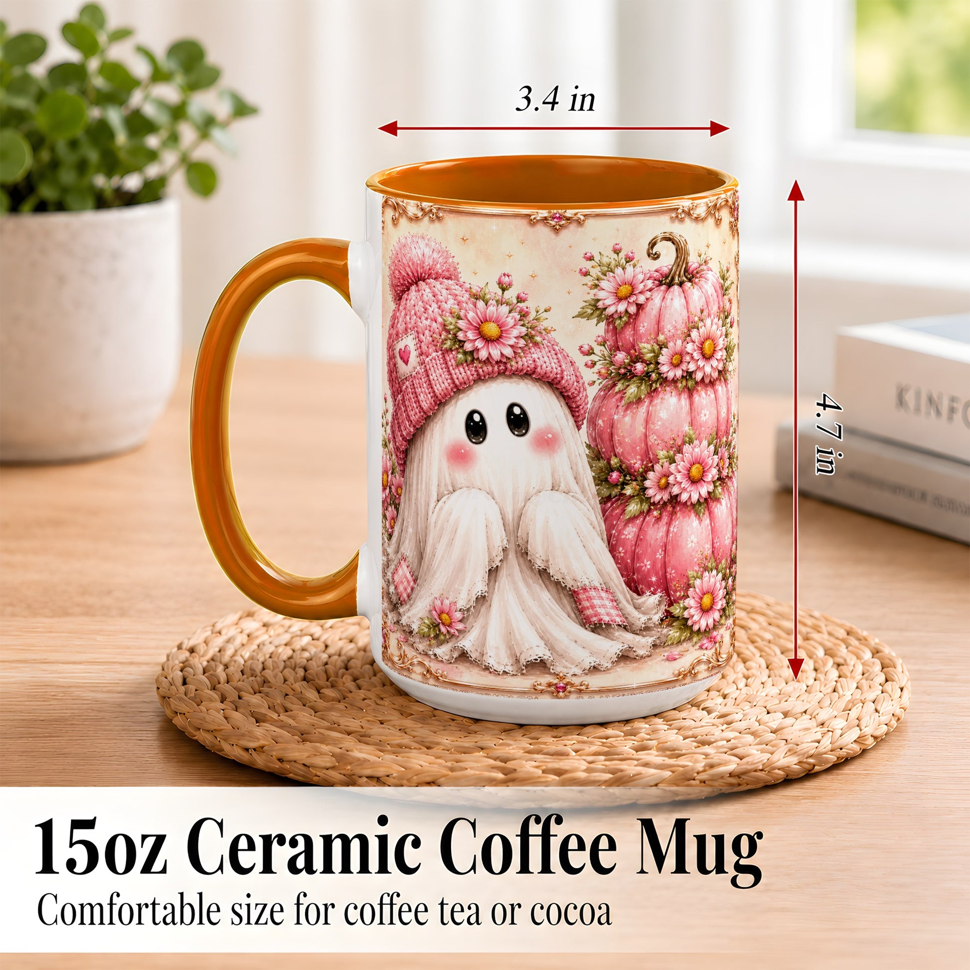#pl[15oz|Orange] Pink Pumpkin Ghost Coffee Mug, Floral Autumn Mug, Ceramic Cup