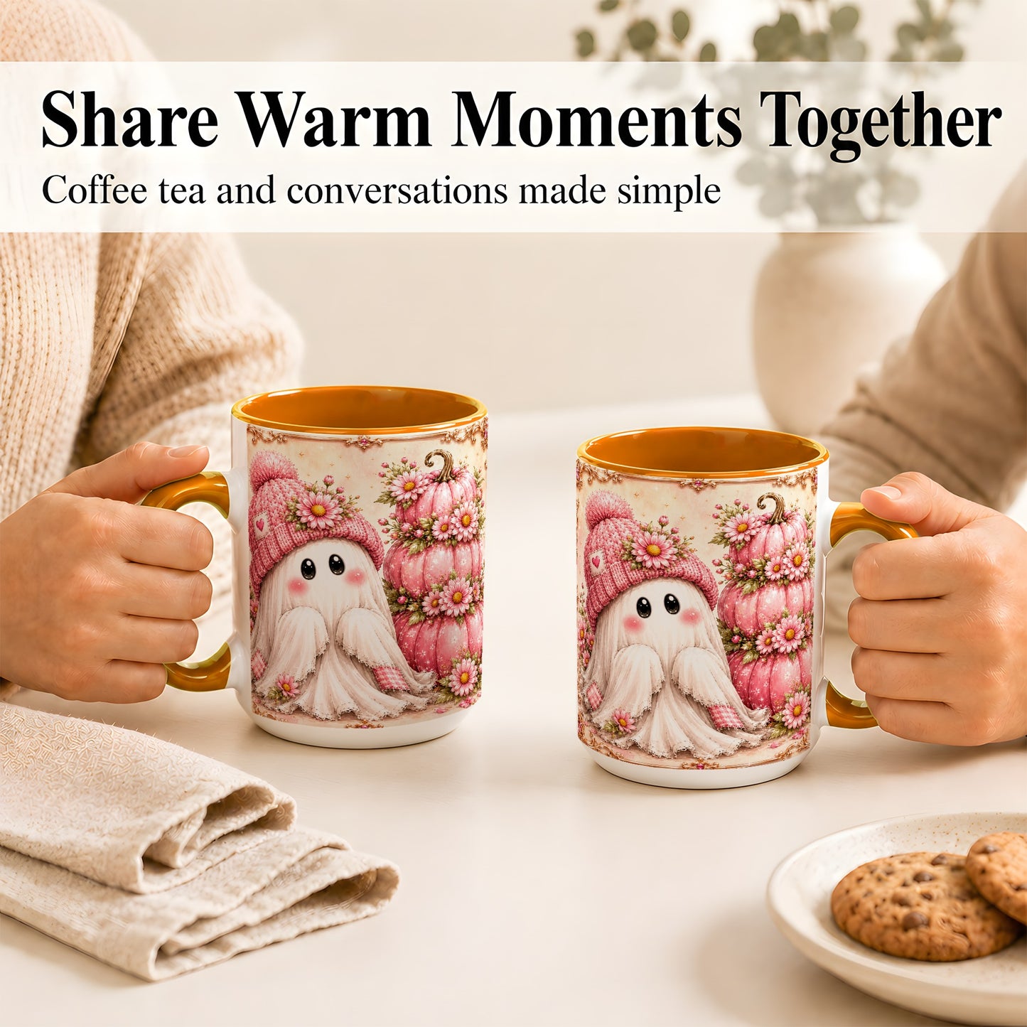 #pl[15oz|Orange] Pink Pumpkin Ghost Coffee Mug, Floral Autumn Mug, Ceramic Cup