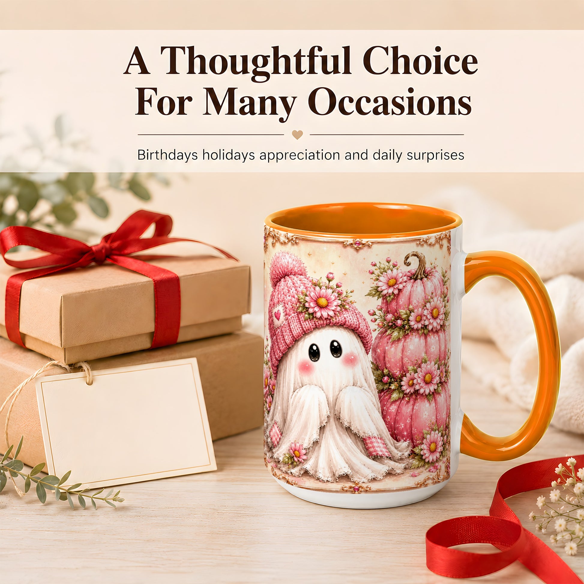 #pl[15oz|Orange] Pink Pumpkin Ghost Coffee Mug, Floral Autumn Mug, Ceramic Cup