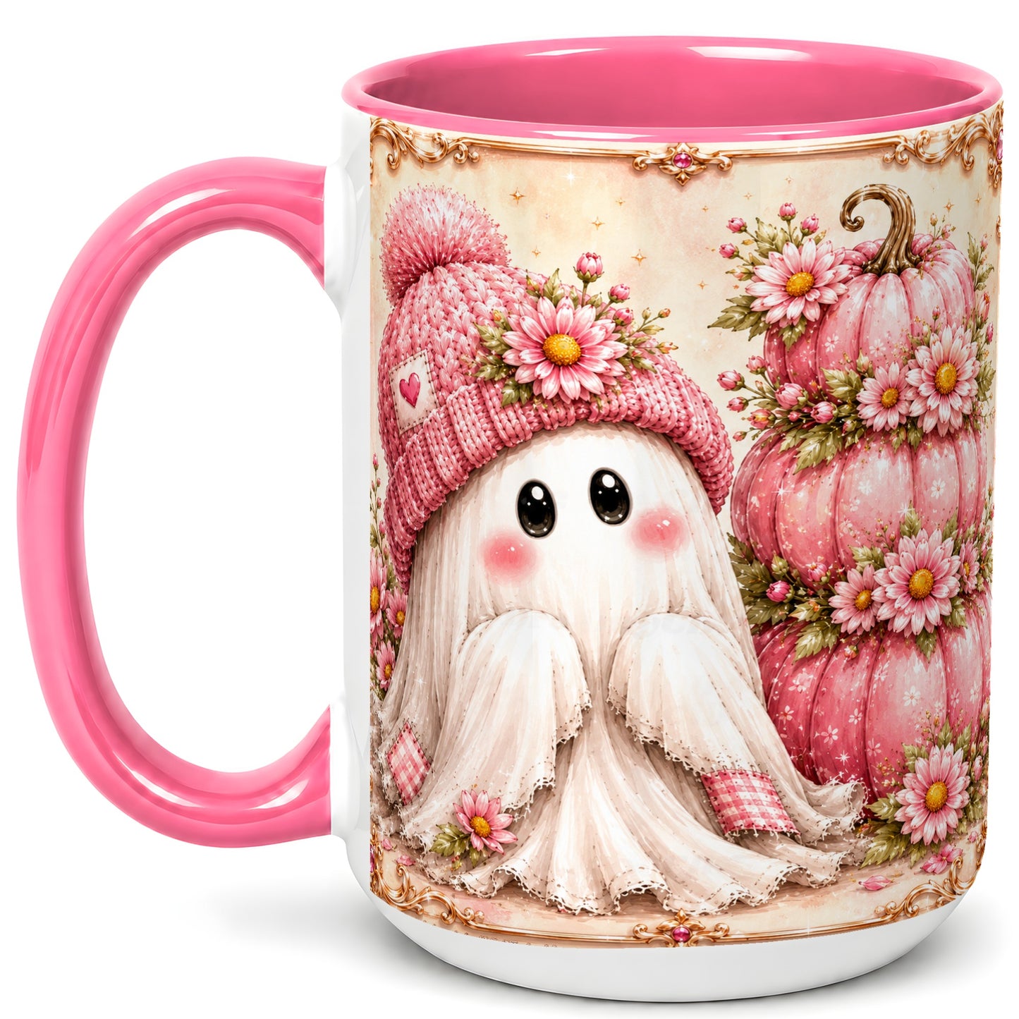 #pl[15oz|Pink] Pink Pumpkin Ghost Coffee Mug, Floral Autumn Mug, Ceramic Cup