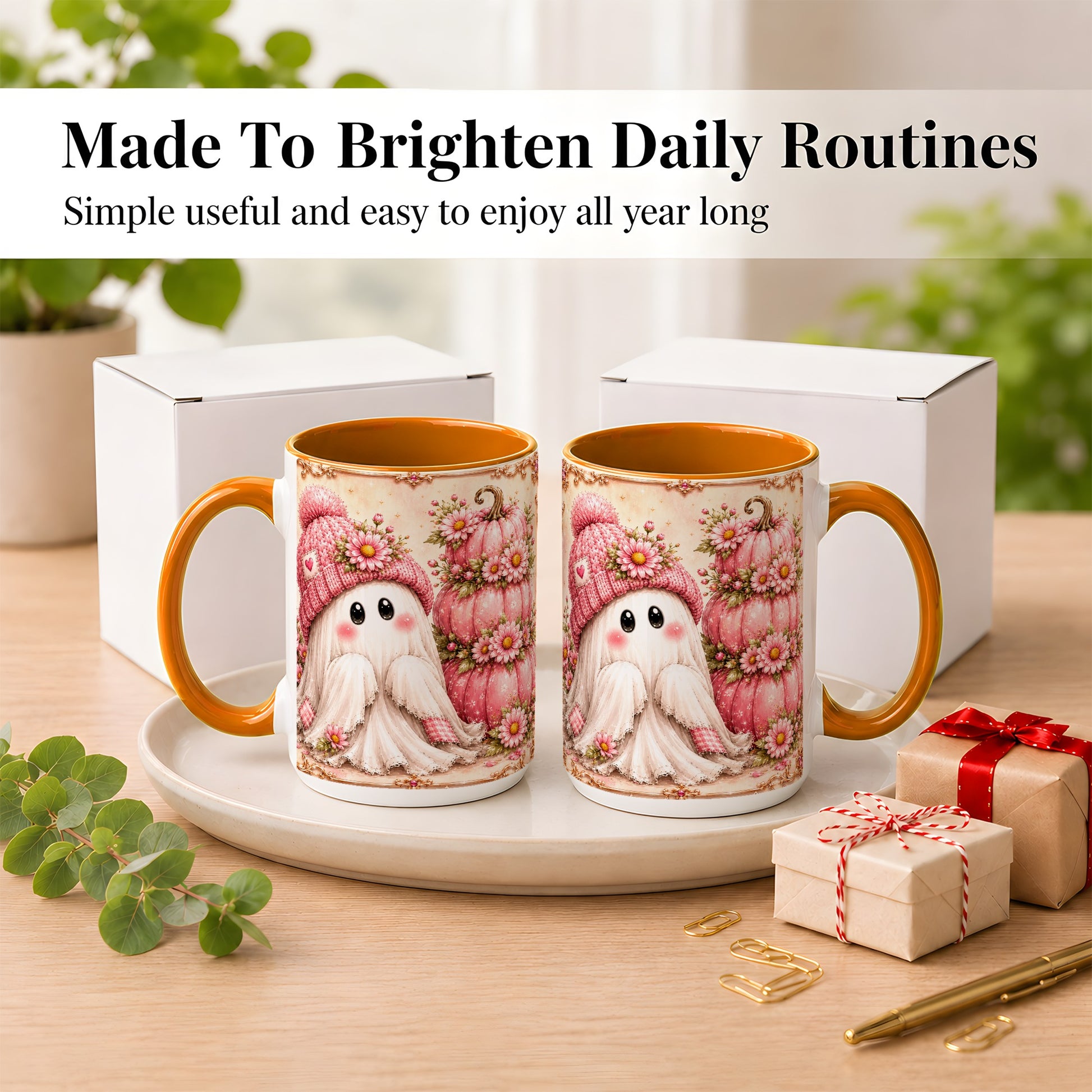 #pl[15oz|Orange] Pink Pumpkin Ghost Coffee Mug, Floral Autumn Mug, Ceramic Cup