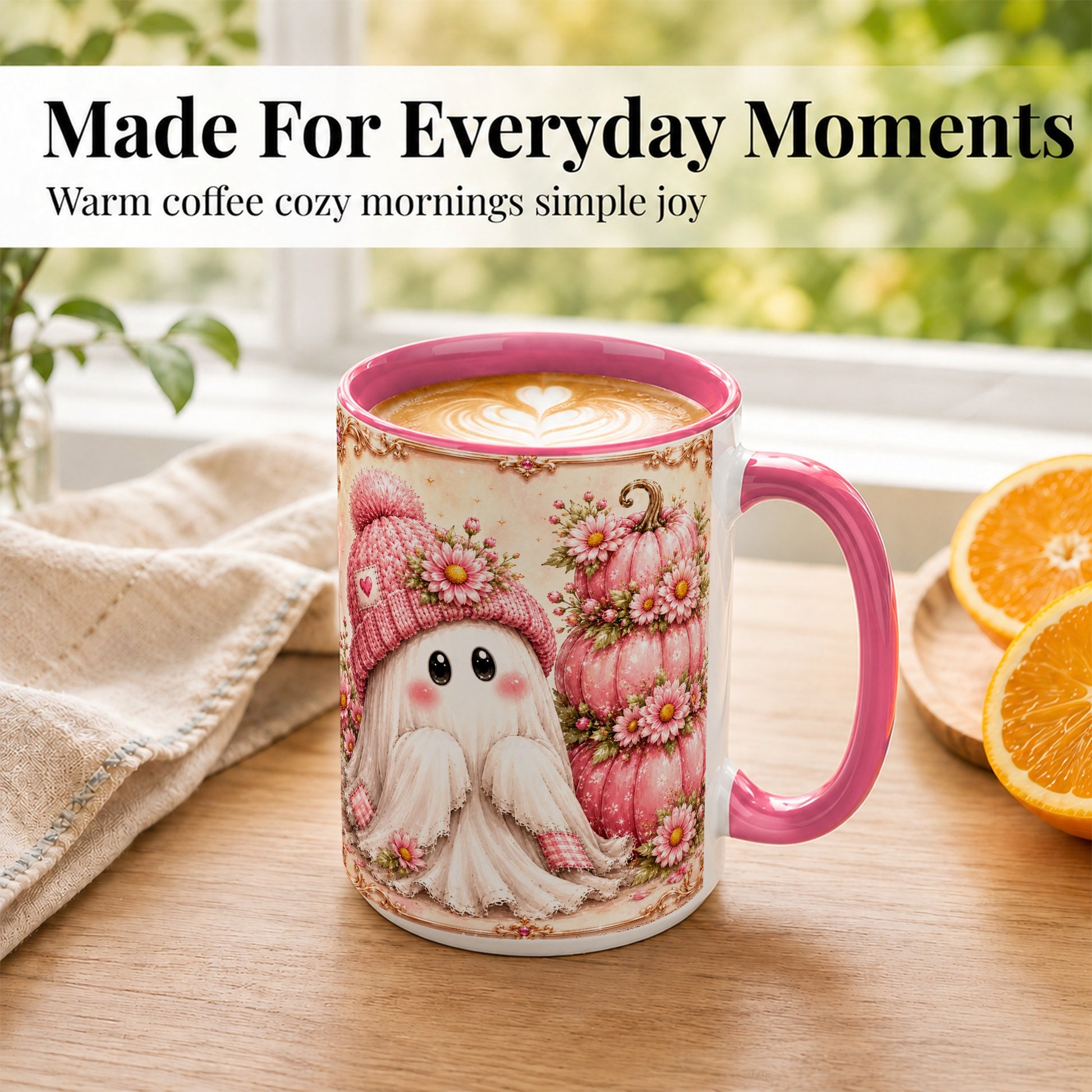 #pl[15oz|Pink] Pink Pumpkin Ghost Coffee Mug, Floral Autumn Mug, Ceramic Cup