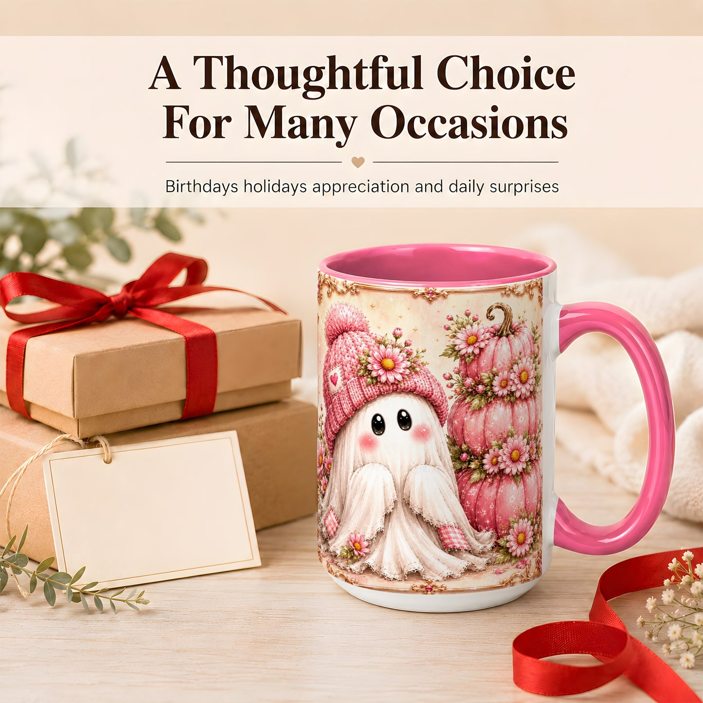 #pl[15oz|Pink] Pink Pumpkin Ghost Coffee Mug, Floral Autumn Mug, Ceramic Cup