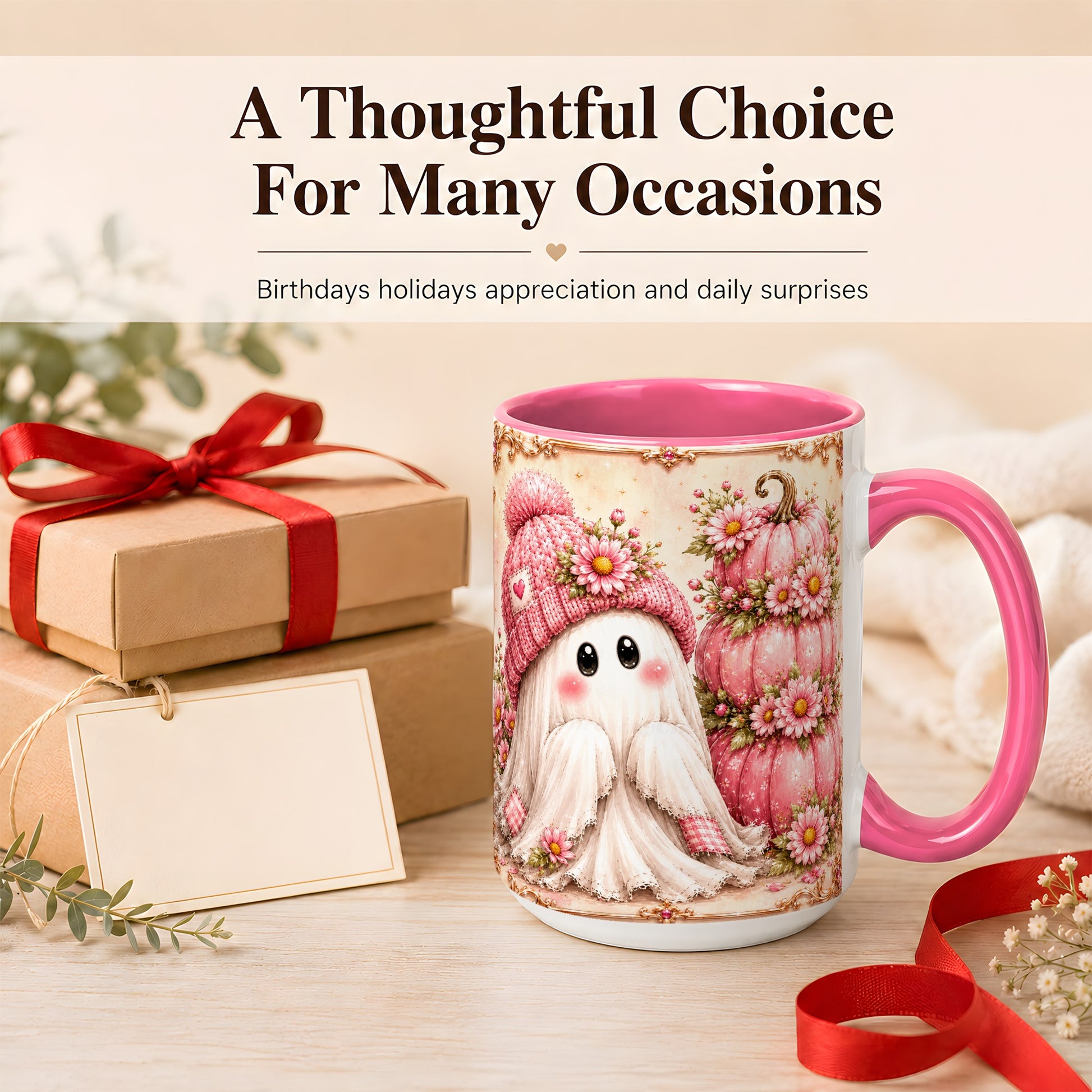 #pl[15oz|Pink] Pink Pumpkin Ghost Coffee Mug, Floral Autumn Mug, Ceramic Cup
