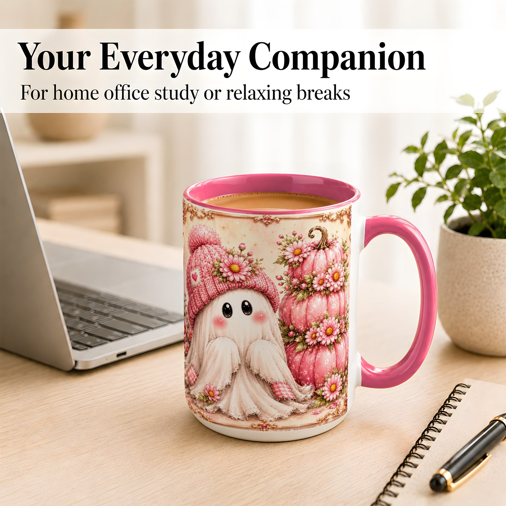 #pl[15oz|Pink] Pink Pumpkin Ghost Coffee Mug, Floral Autumn Mug, Ceramic Cup