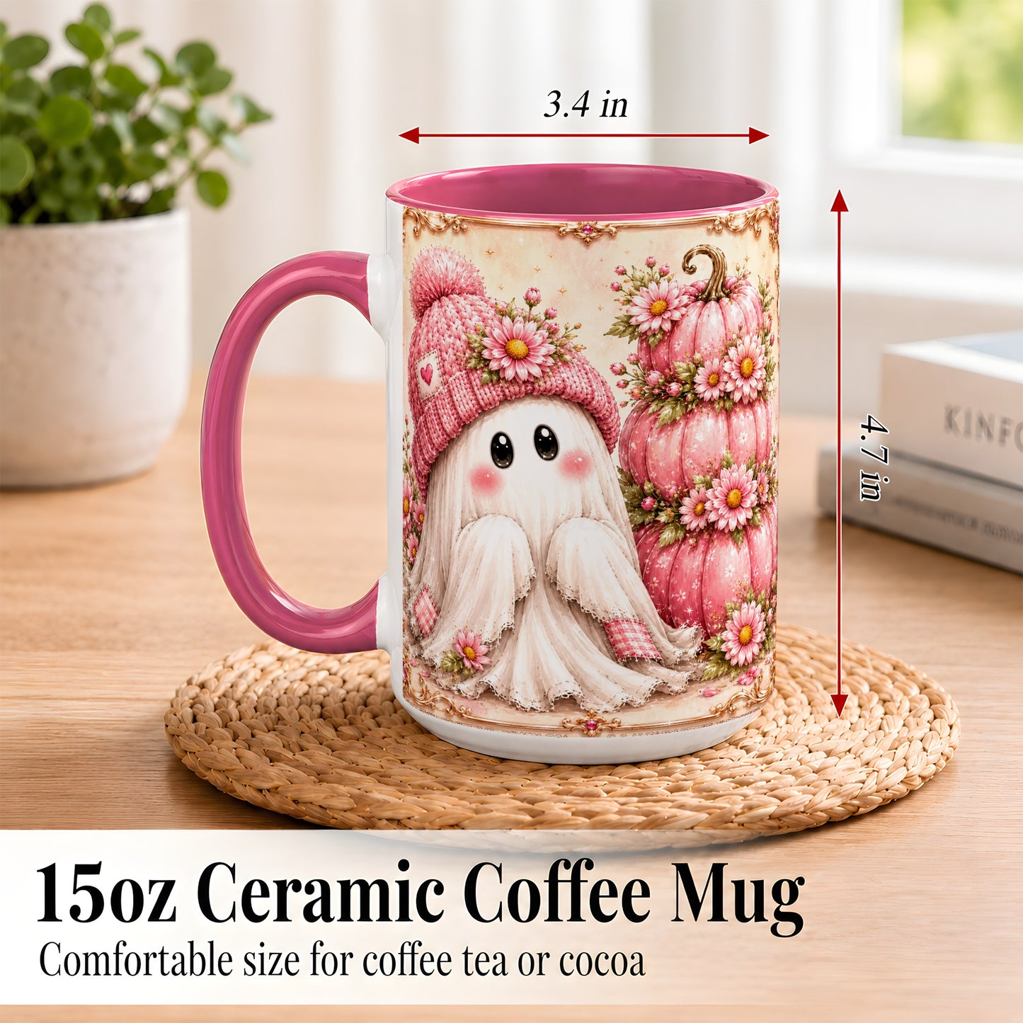 #pl[15oz|Pink] Pink Pumpkin Ghost Coffee Mug, Floral Autumn Mug, Ceramic Cup