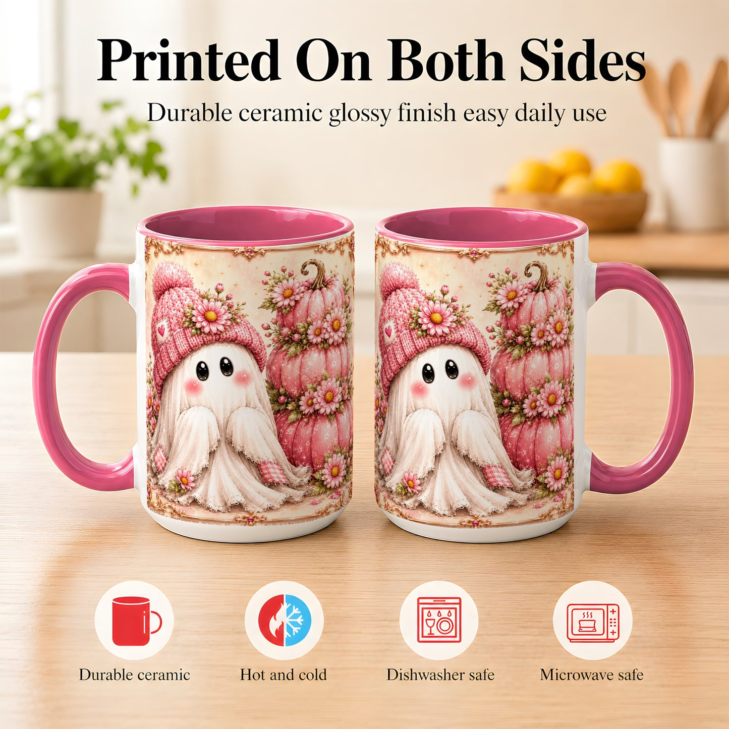 #pl[15oz|Pink] Pink Pumpkin Ghost Coffee Mug, Floral Autumn Mug, Ceramic Cup