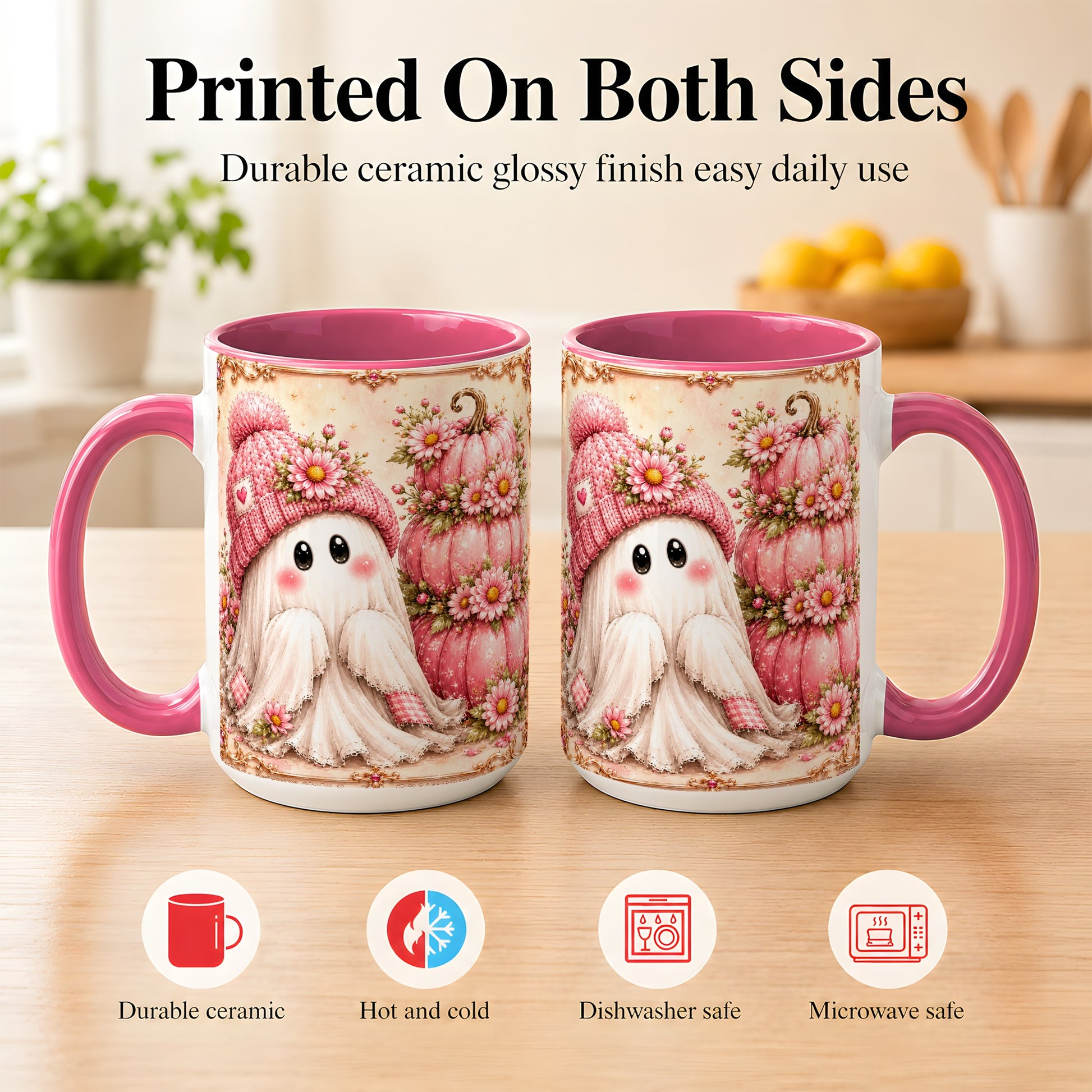#pl[15oz|Pink] Pink Pumpkin Ghost Coffee Mug, Floral Autumn Mug, Ceramic Cup