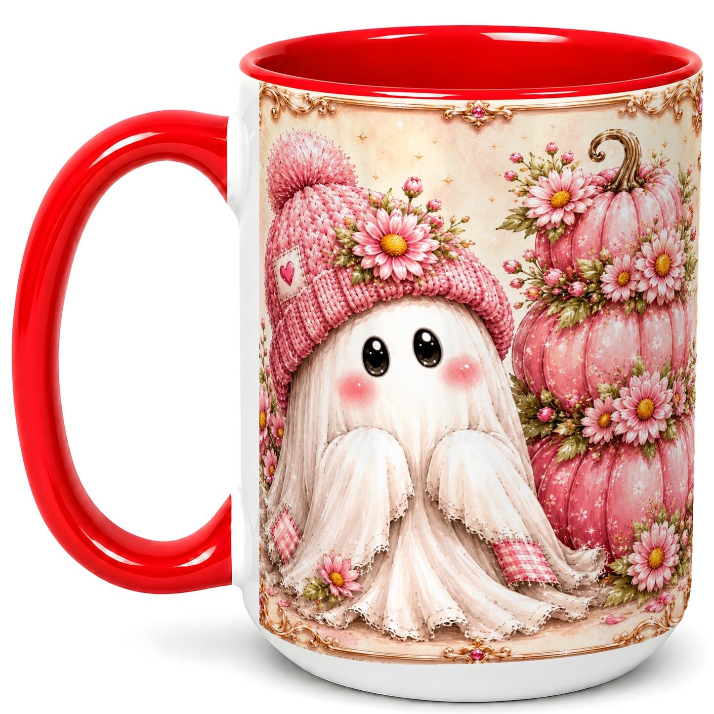 #pl[15oz|Red] Pink Pumpkin Ghost Coffee Mug, Floral Autumn Mug, Ceramic Cup