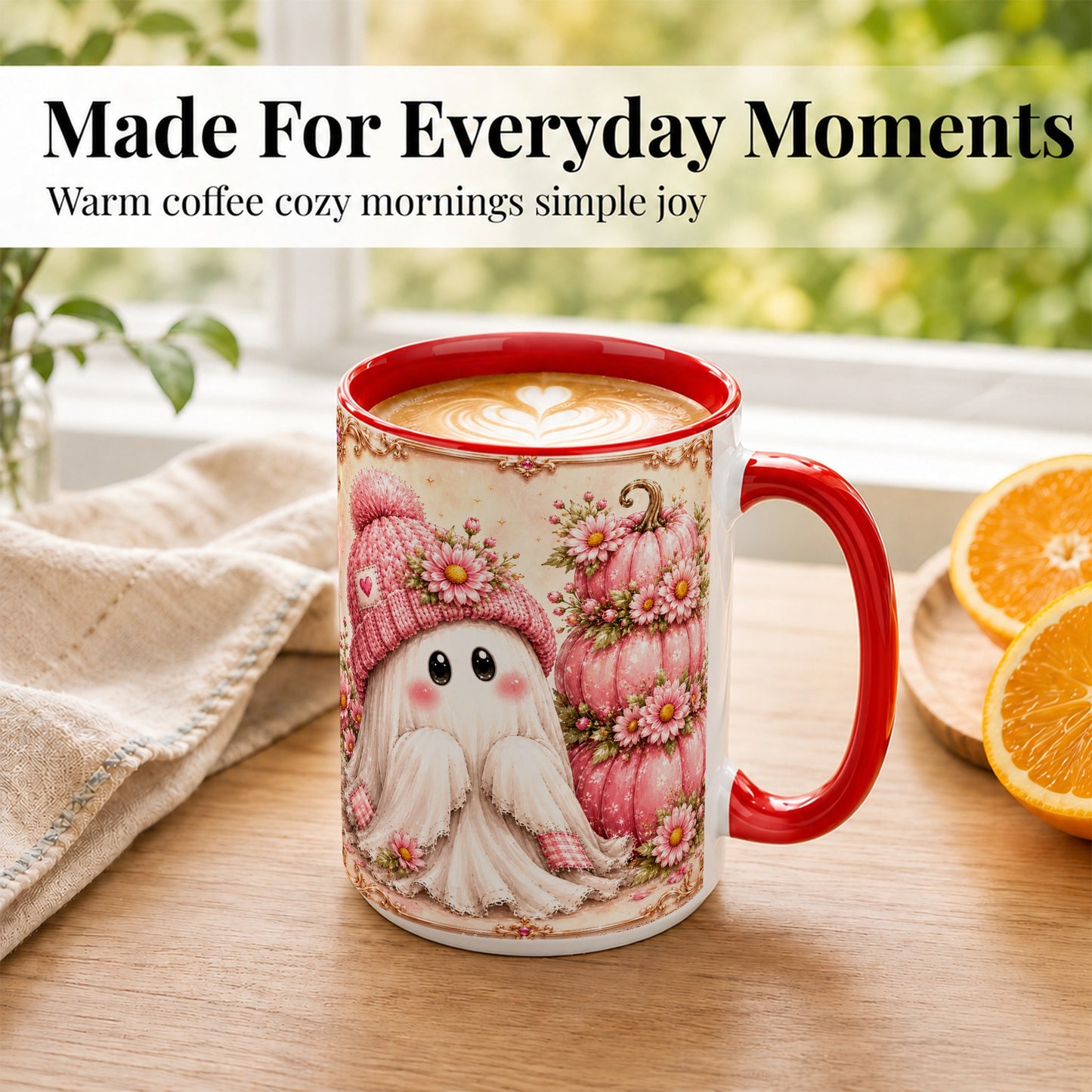 #pl[15oz|Red] Pink Pumpkin Ghost Coffee Mug, Floral Autumn Mug, Ceramic Cup