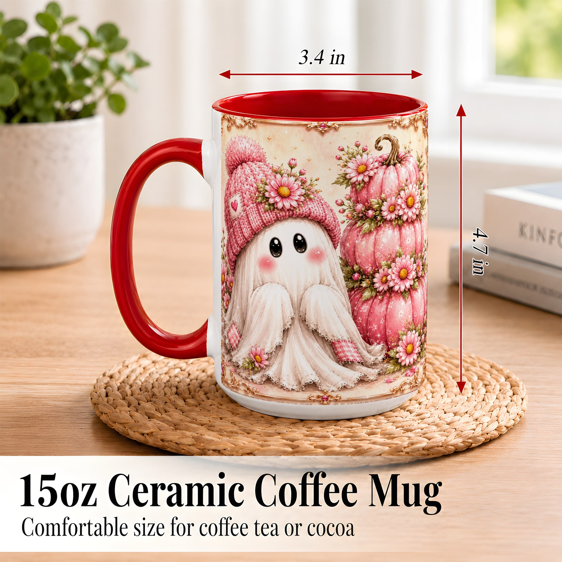 #pl[15oz|Red] Pink Pumpkin Ghost Coffee Mug, Floral Autumn Mug, Ceramic Cup