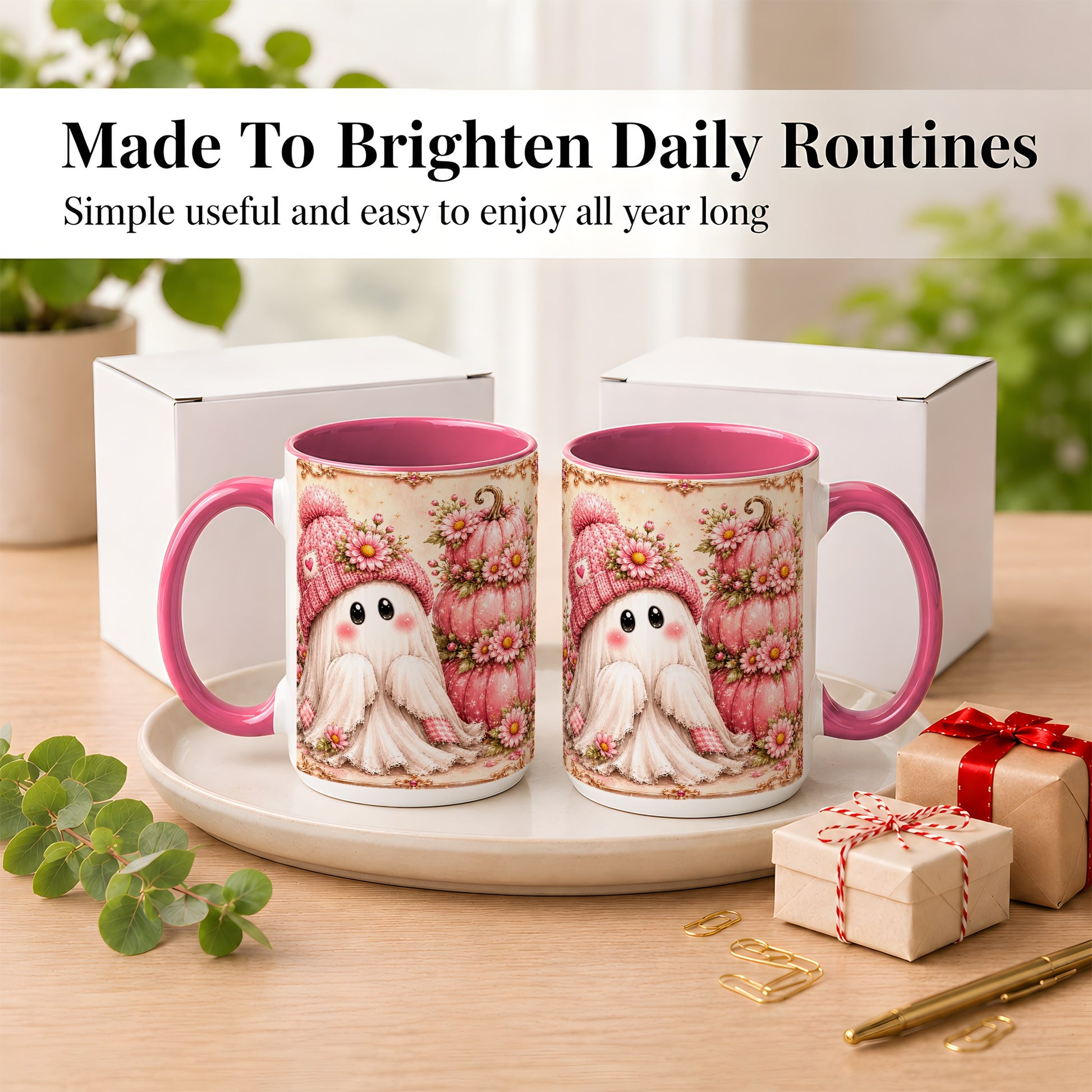 #pl[15oz|Pink] Pink Pumpkin Ghost Coffee Mug, Floral Autumn Mug, Ceramic Cup