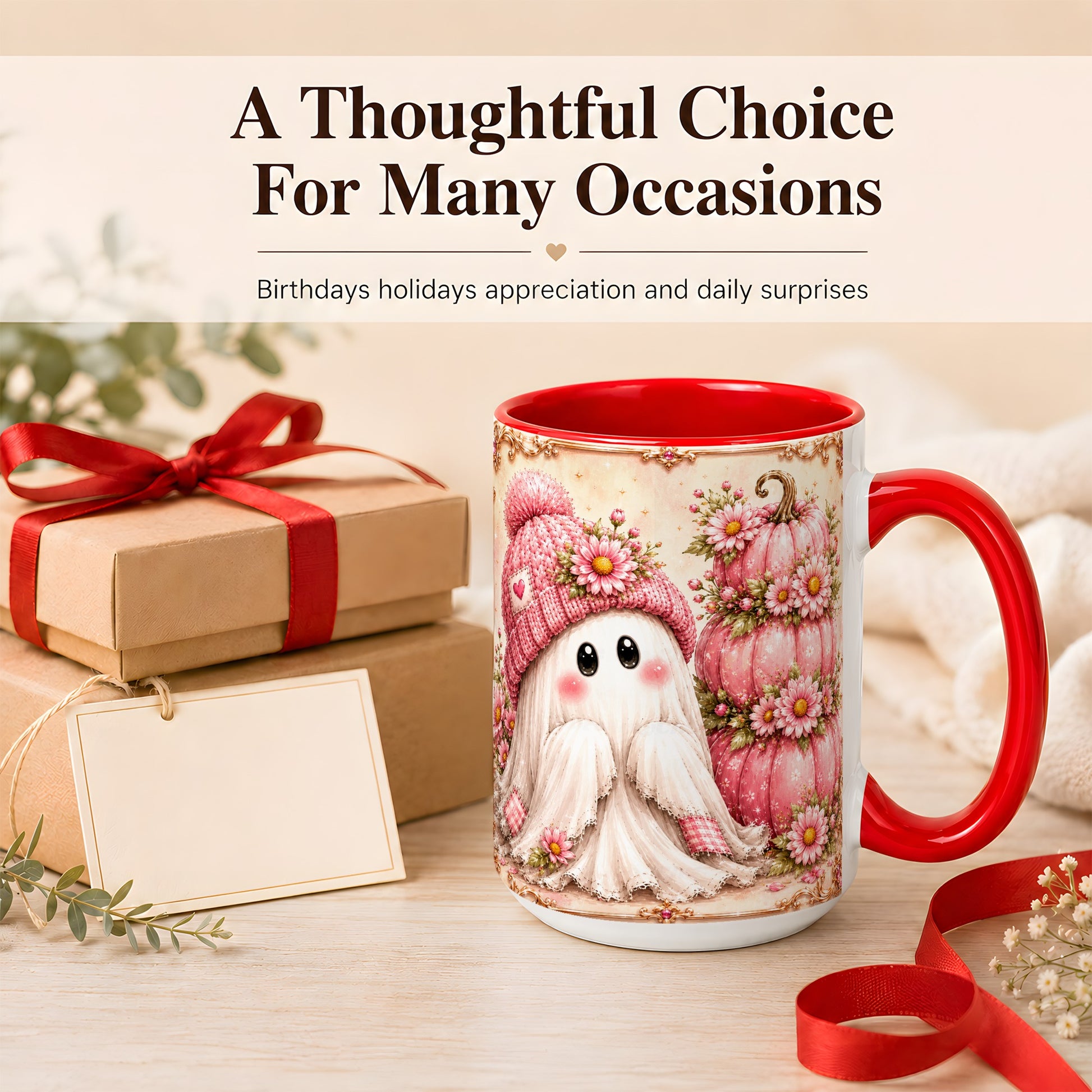 #pl[15oz|Red] Pink Pumpkin Ghost Coffee Mug, Floral Autumn Mug, Ceramic Cup