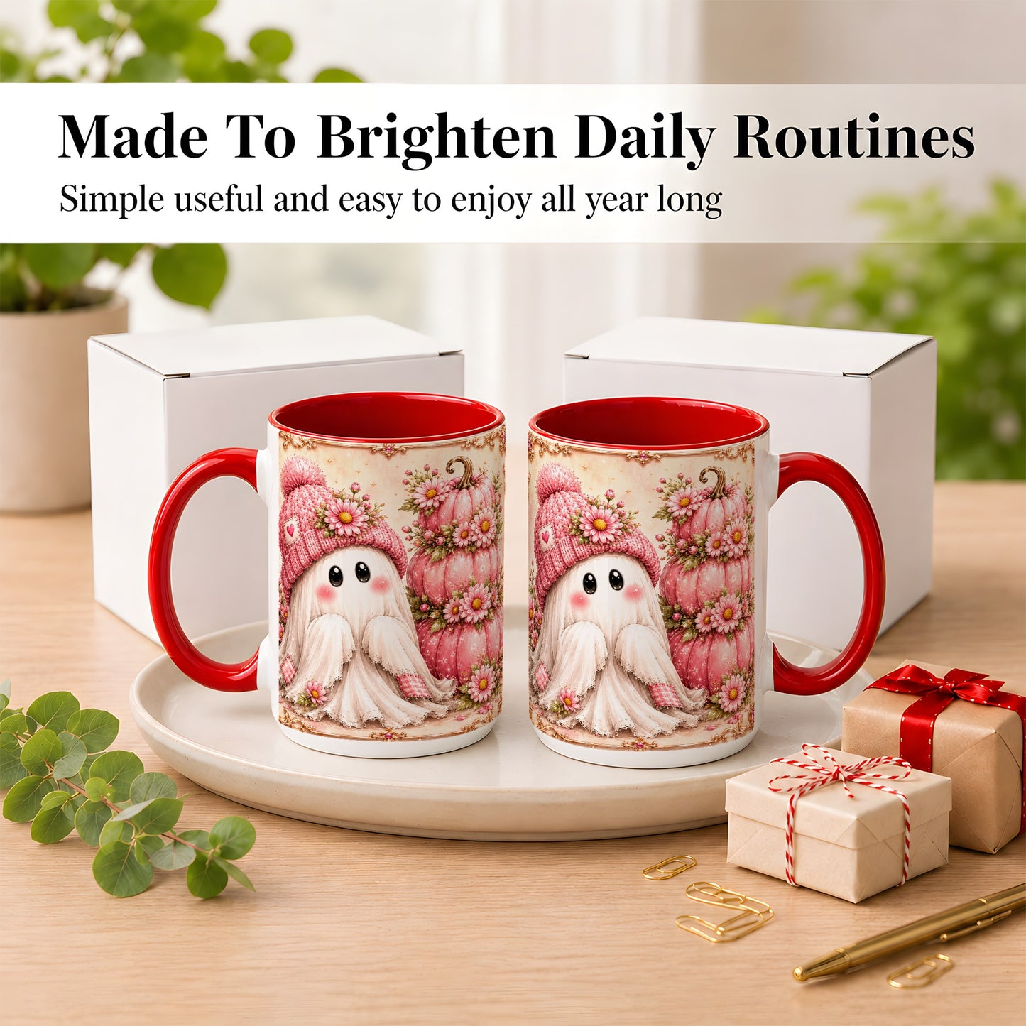 #pl[15oz|Red] Pink Pumpkin Ghost Coffee Mug, Floral Autumn Mug, Ceramic Cup