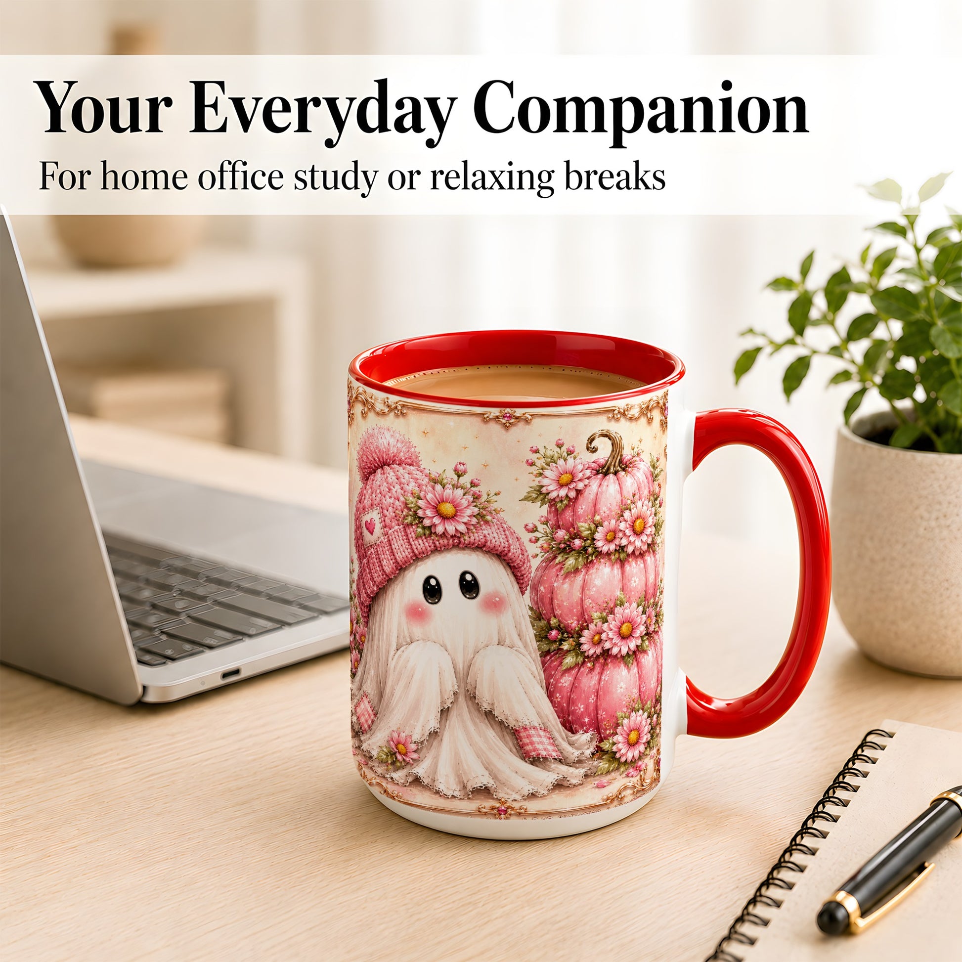 #pl[15oz|Red] Pink Pumpkin Ghost Coffee Mug, Floral Autumn Mug, Ceramic Cup