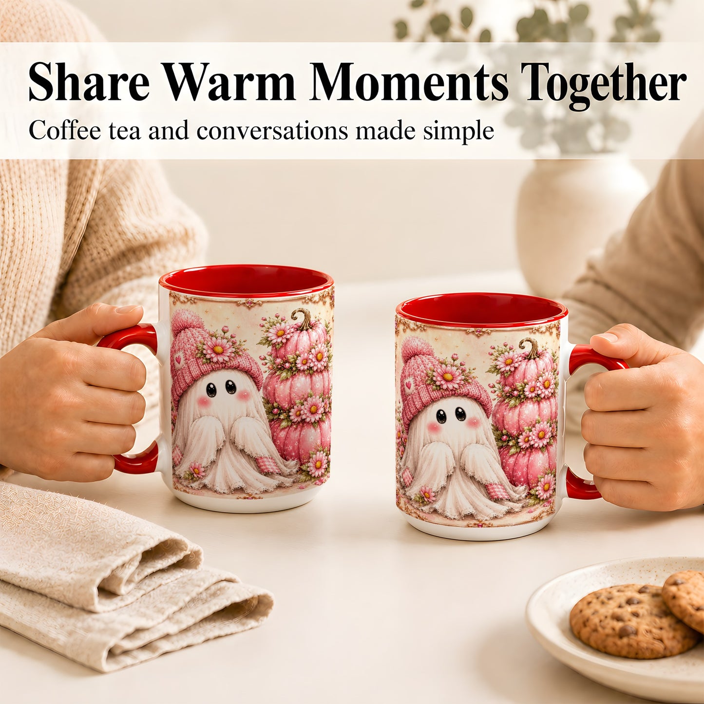 #pl[15oz|Red] Pink Pumpkin Ghost Coffee Mug, Floral Autumn Mug, Ceramic Cup