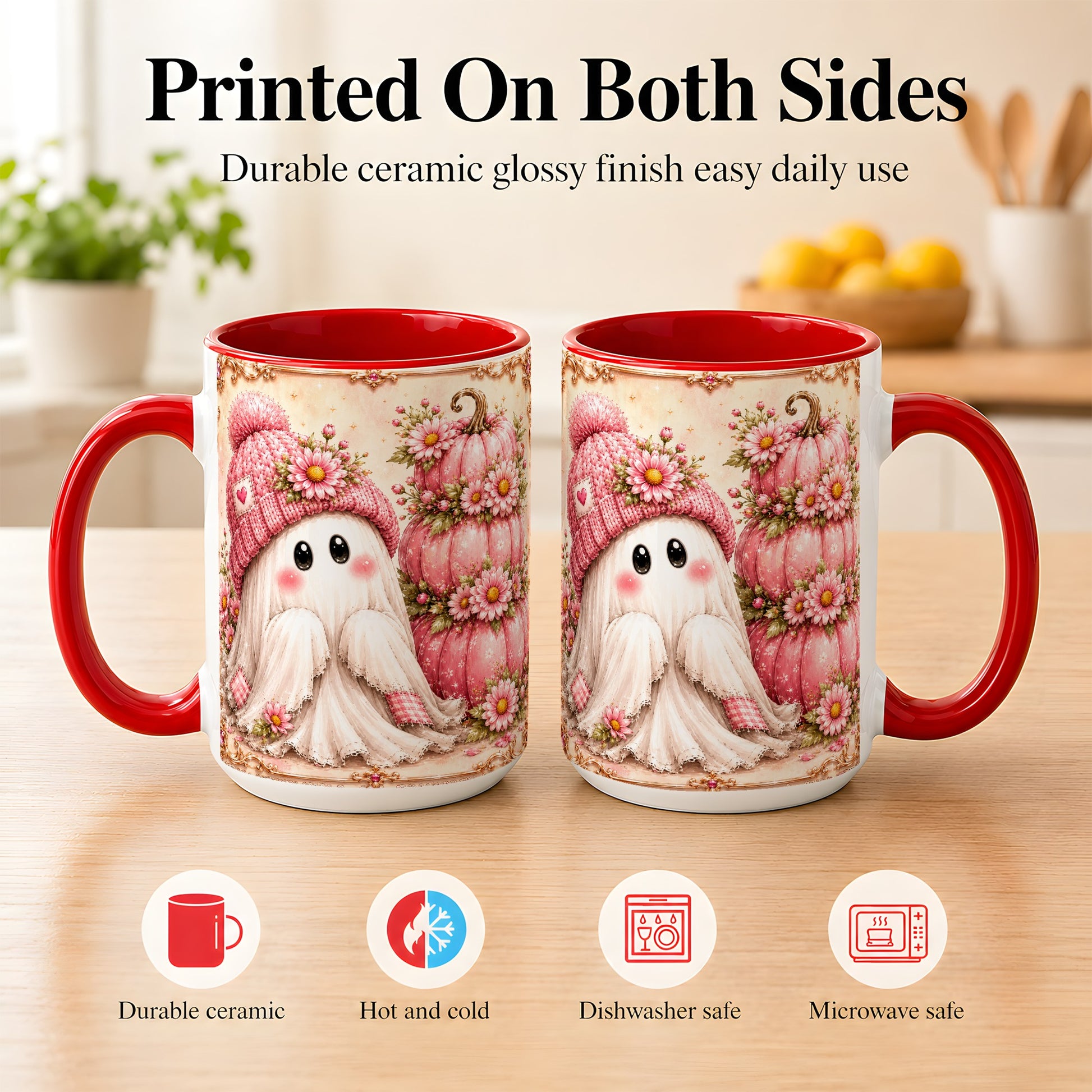 #pl[15oz|Red] Pink Pumpkin Ghost Coffee Mug, Floral Autumn Mug, Ceramic Cup