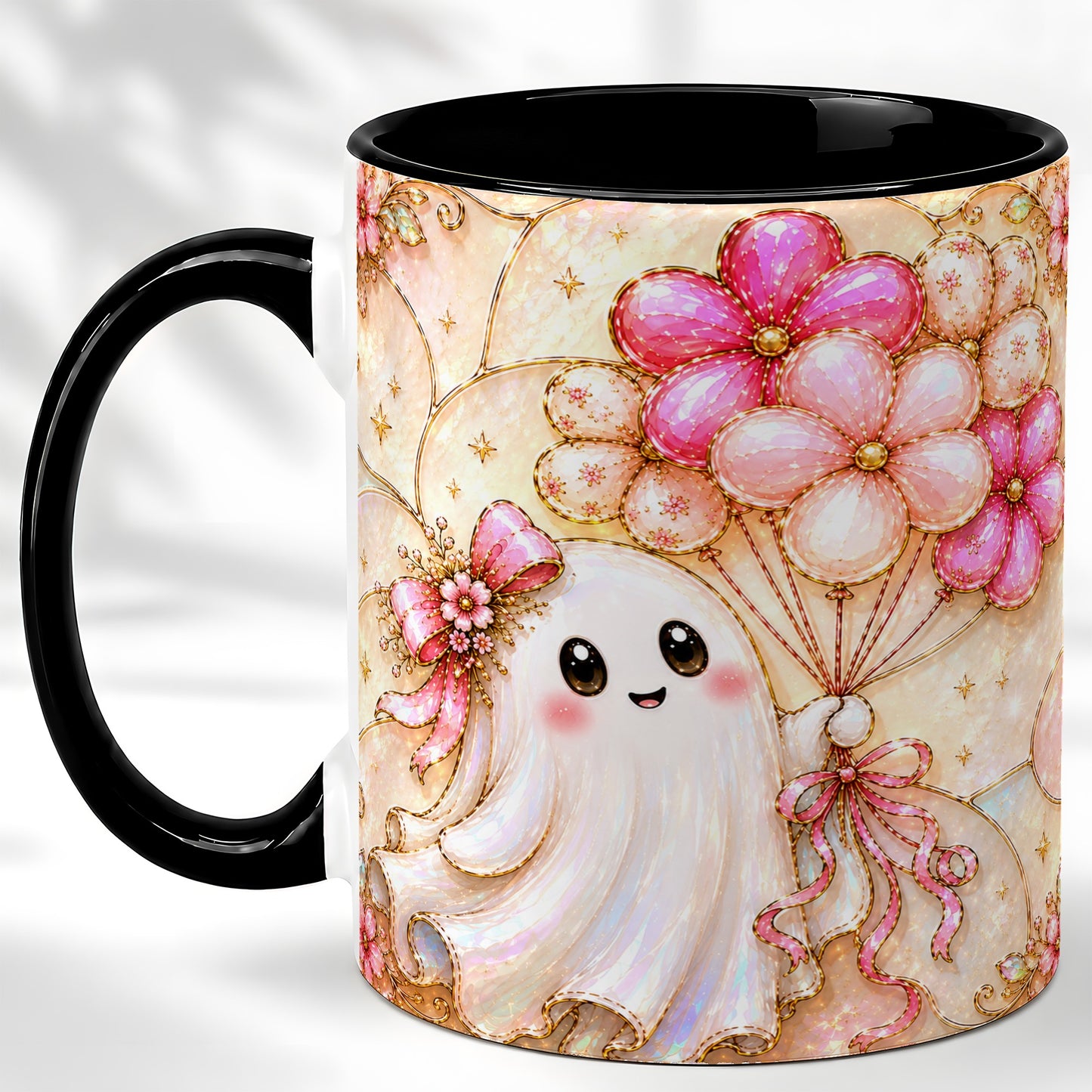 #pl[11oz|Black] Ghost Balloon Coffee Mug, Pink Floral Ghost Mug, Ceramic Cup