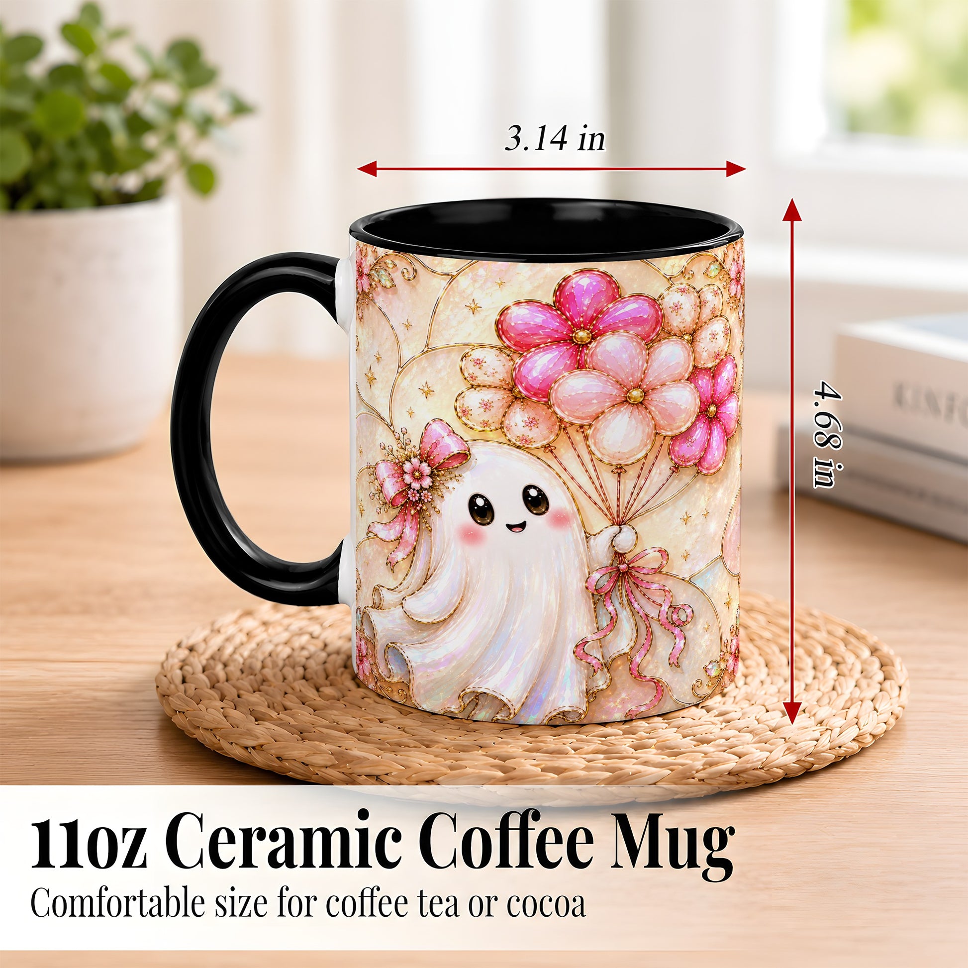 #pl[11oz|Black] Ghost Balloon Coffee Mug, Pink Floral Ghost Mug, Ceramic Cup