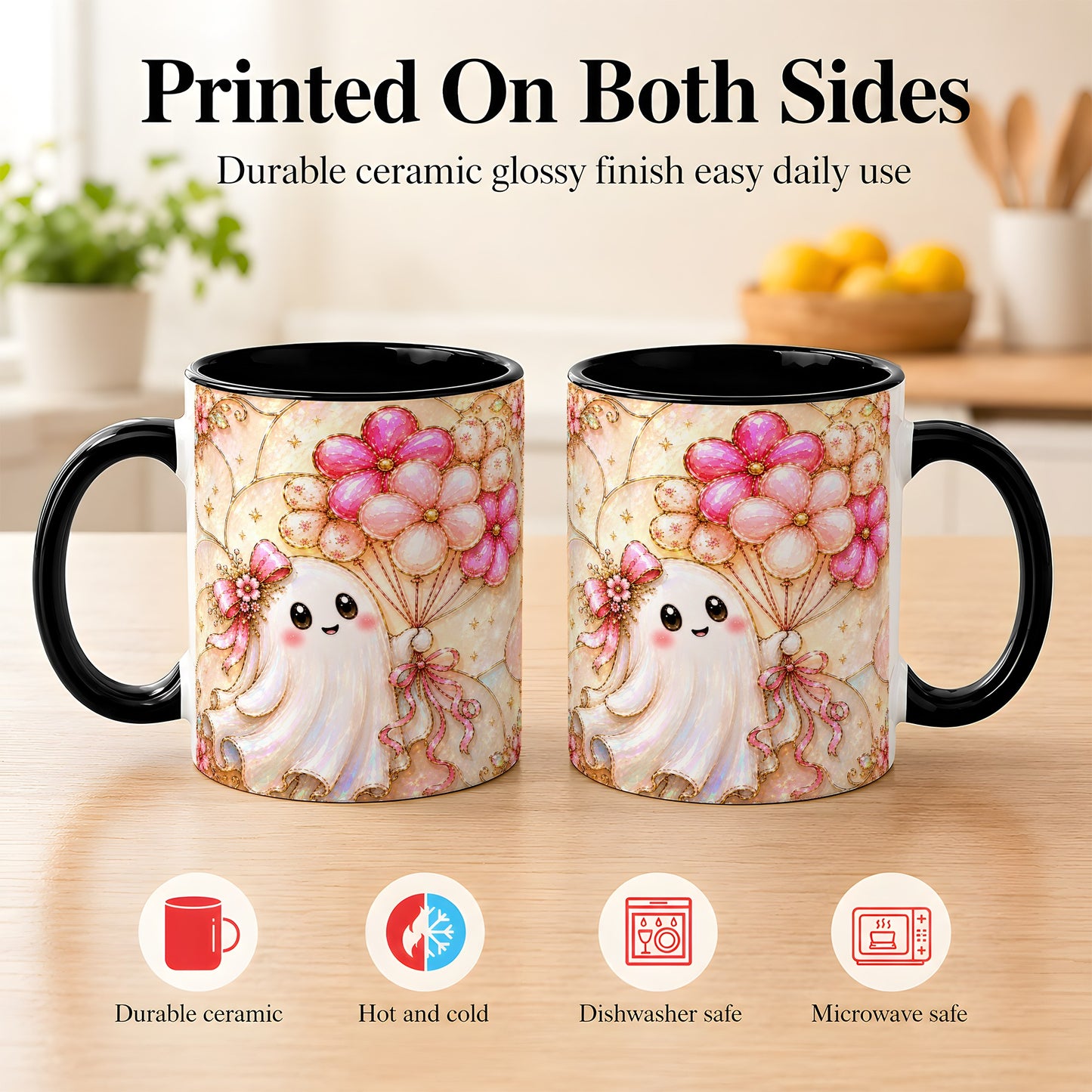 #pl[11oz|Black] Ghost Balloon Coffee Mug, Pink Floral Ghost Mug, Ceramic Cup
