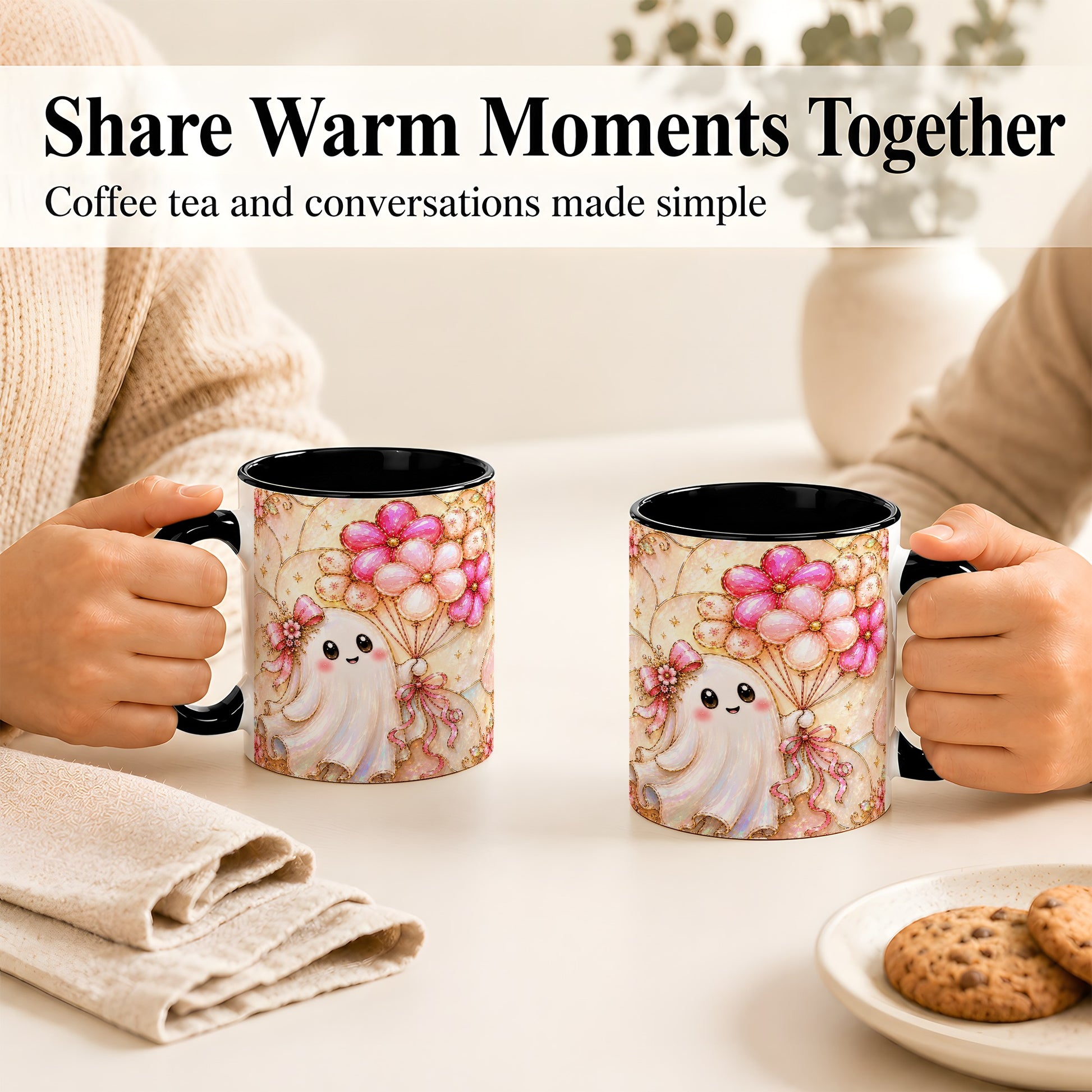 #pl[11oz|Black] Ghost Balloon Coffee Mug, Pink Floral Ghost Mug, Ceramic Cup