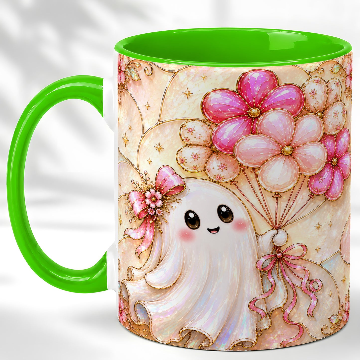 #pl[11oz|Green] Ghost Balloon Coffee Mug, Pink Floral Ghost Mug, Ceramic Cup