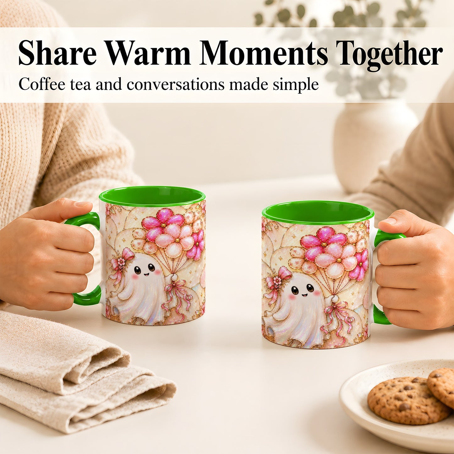 #pl[11oz|Green] Ghost Balloon Coffee Mug, Pink Floral Ghost Mug, Ceramic Cup