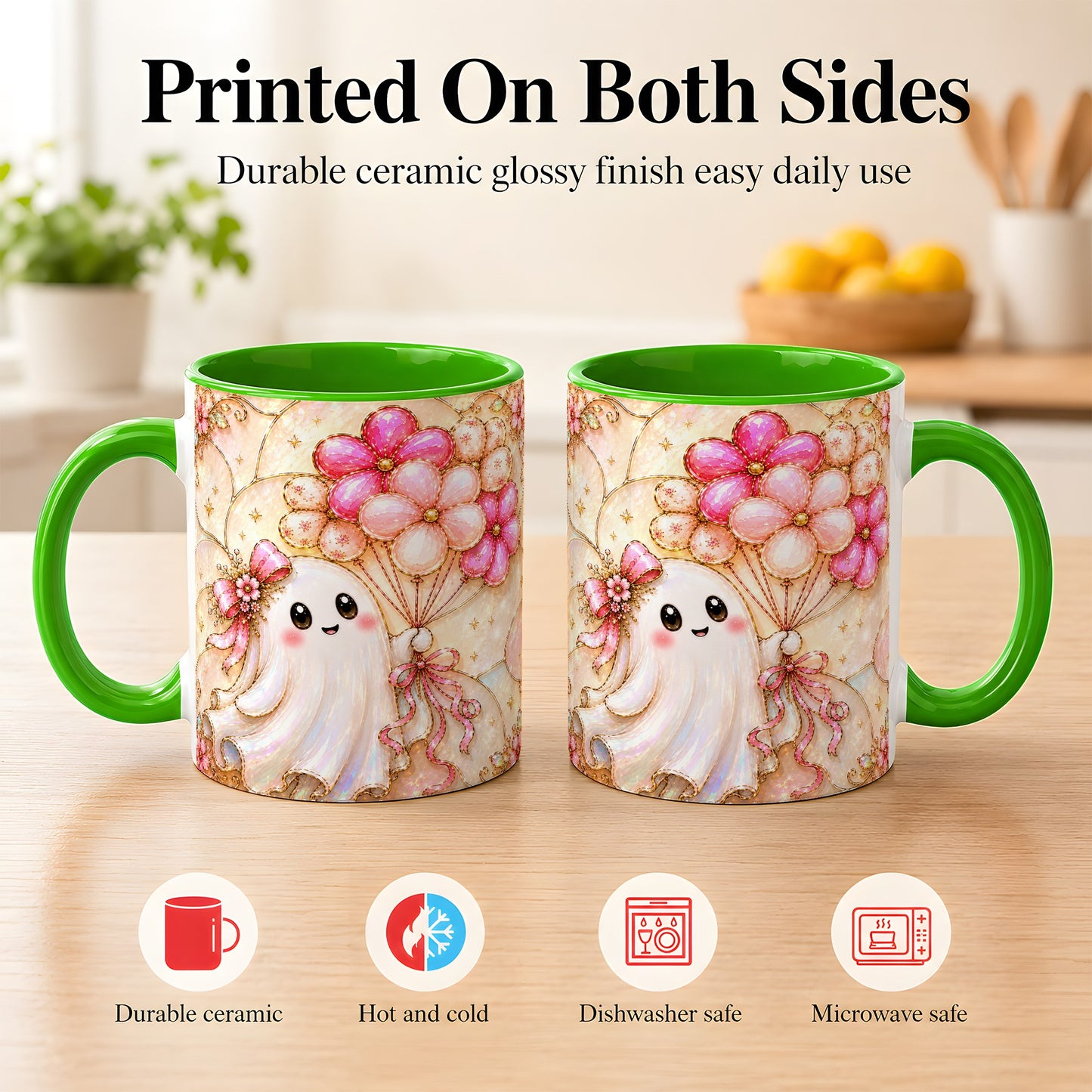 #pl[11oz|Green] Ghost Balloon Coffee Mug, Pink Floral Ghost Mug, Ceramic Cup
