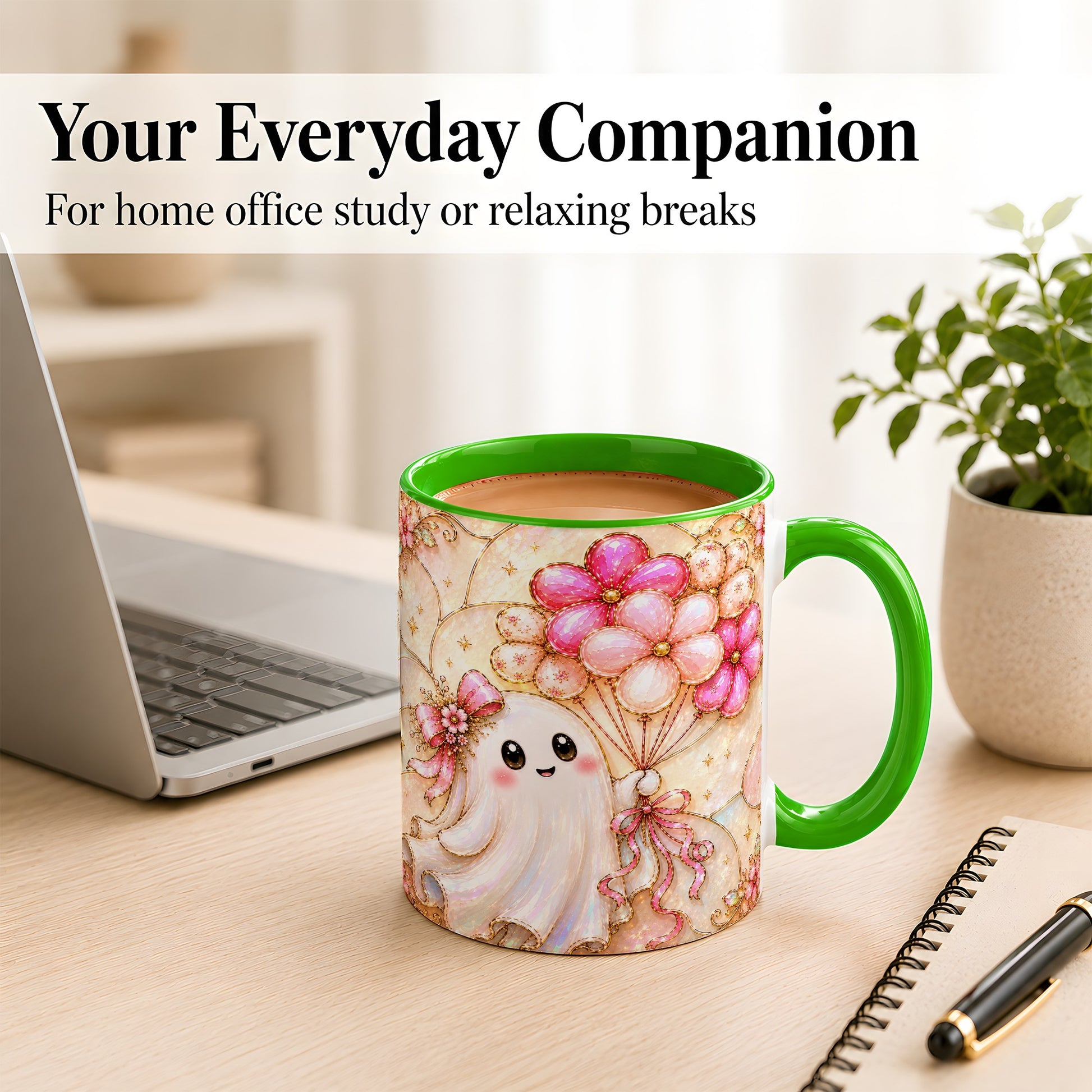 #pl[11oz|Green] Ghost Balloon Coffee Mug, Pink Floral Ghost Mug, Ceramic Cup