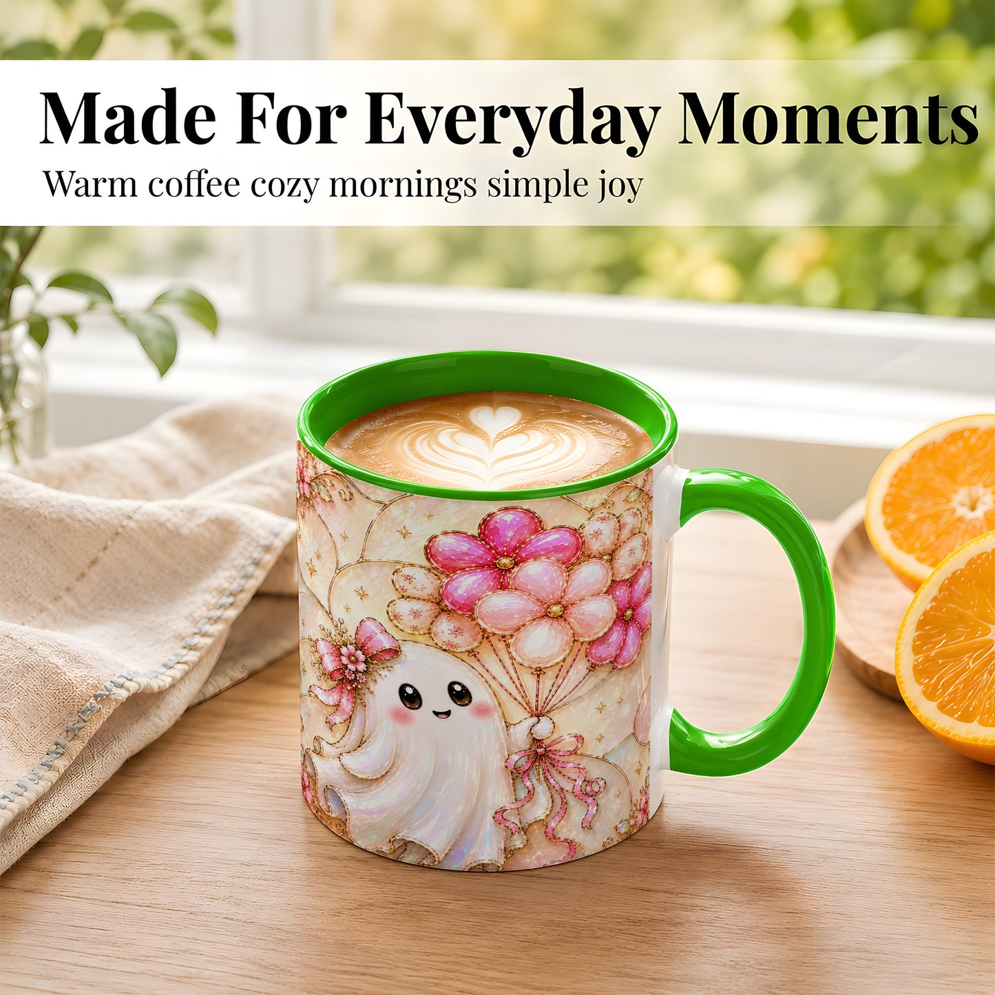 #pl[11oz|Green] Ghost Balloon Coffee Mug, Pink Floral Ghost Mug, Ceramic Cup