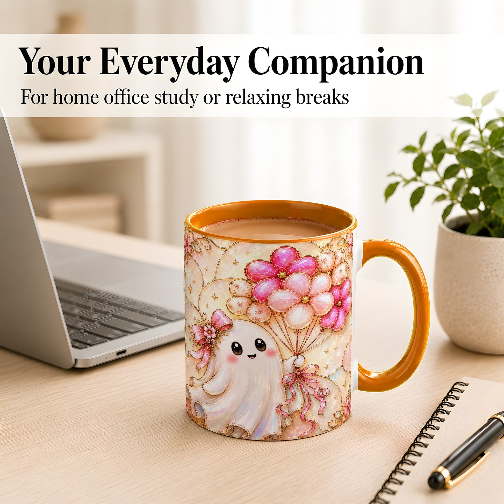 #pl[11oz|Orange] Ghost Balloon Coffee Mug, Pink Floral Ghost Mug, Ceramic Cup