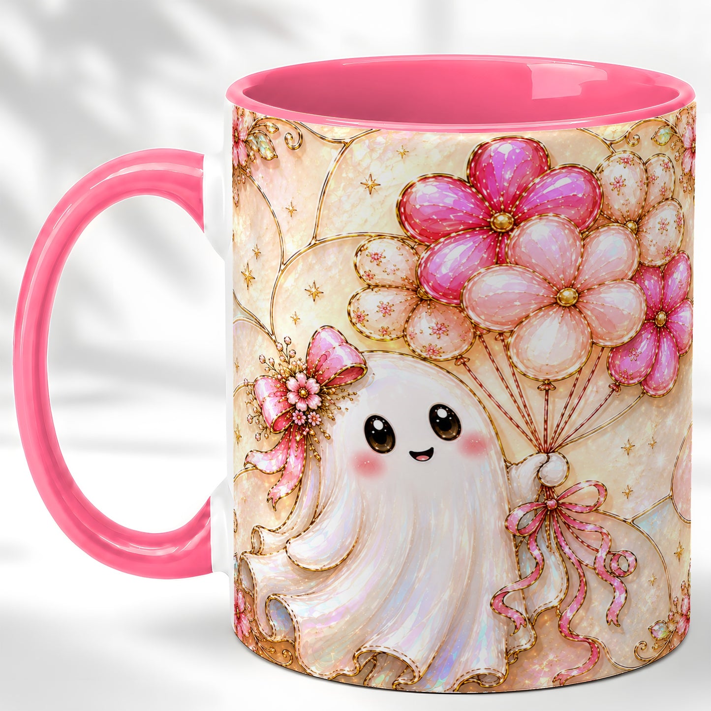 #pl[11oz|Pink] Ghost Balloon Coffee Mug, Pink Floral Ghost Mug, Ceramic Cup