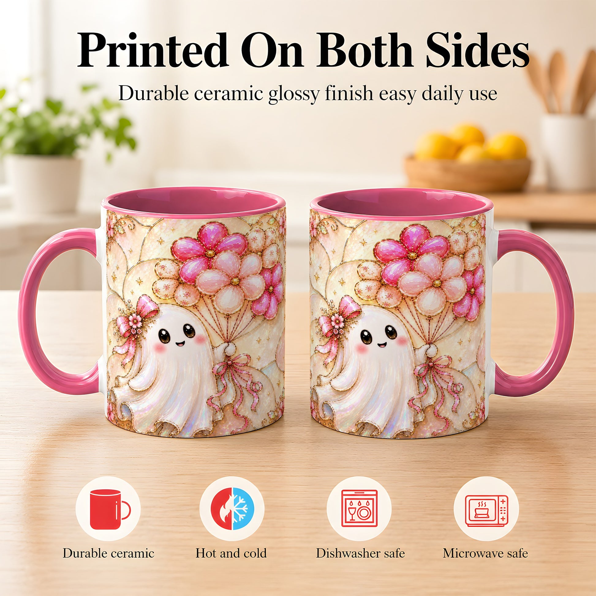 #pl[11oz|Pink] Ghost Balloon Coffee Mug, Pink Floral Ghost Mug, Ceramic Cup