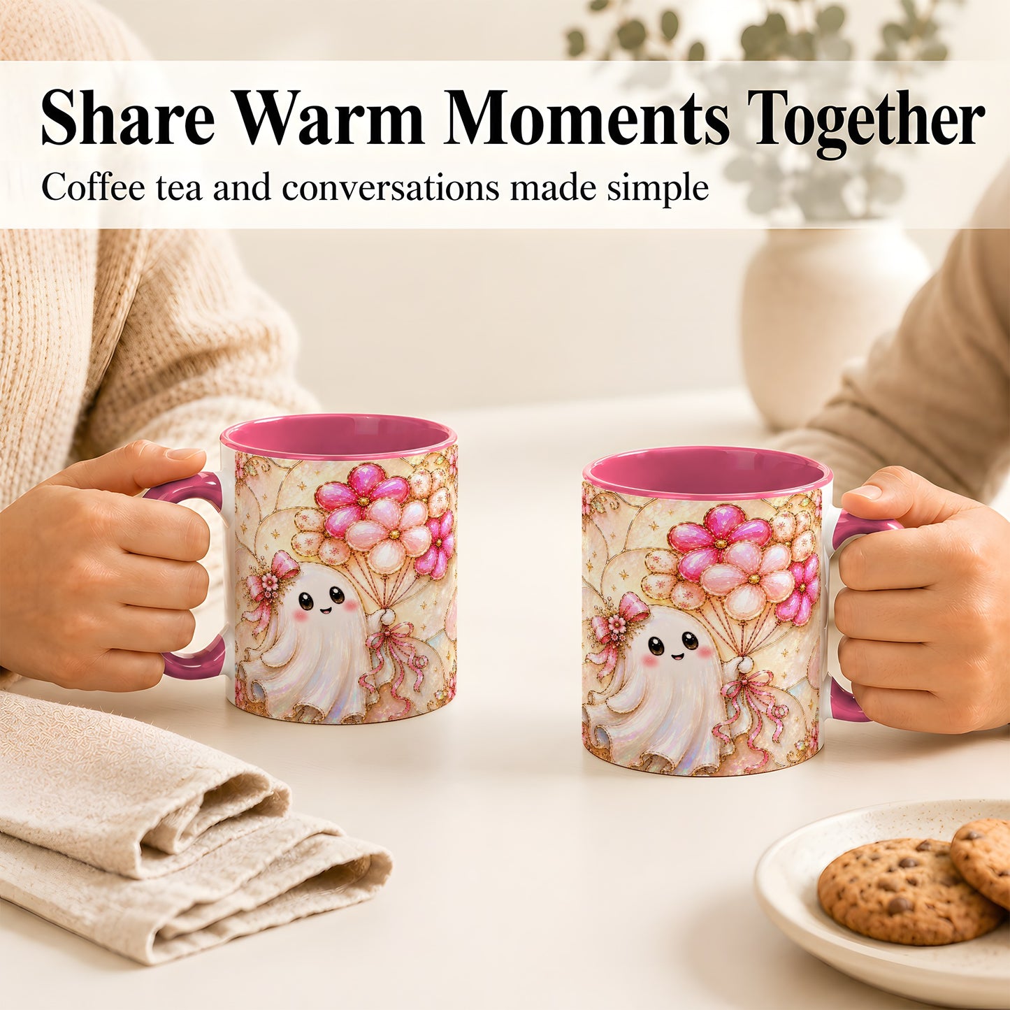 #pl[11oz|Pink] Ghost Balloon Coffee Mug, Pink Floral Ghost Mug, Ceramic Cup