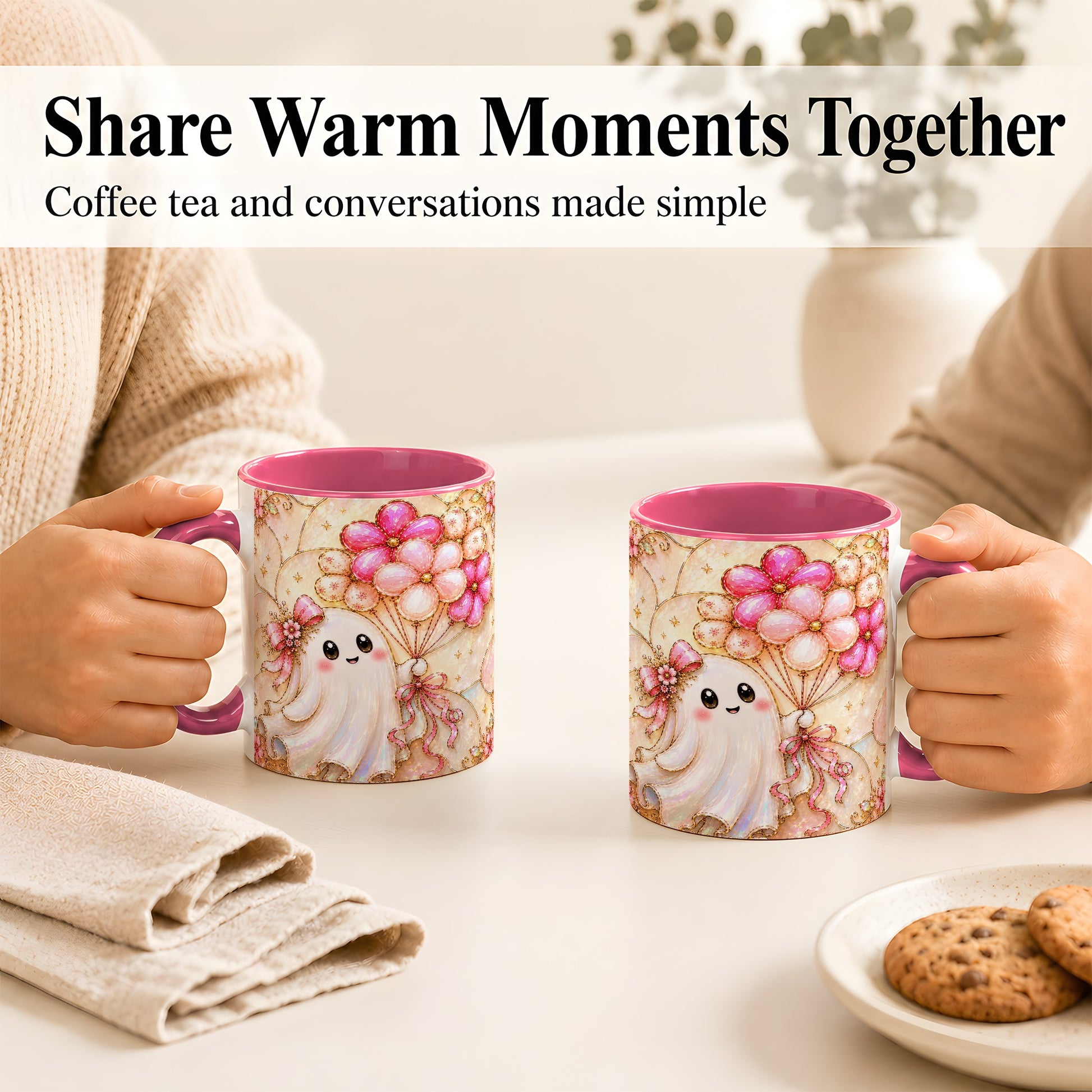 #pl[11oz|Pink] Ghost Balloon Coffee Mug, Pink Floral Ghost Mug, Ceramic Cup