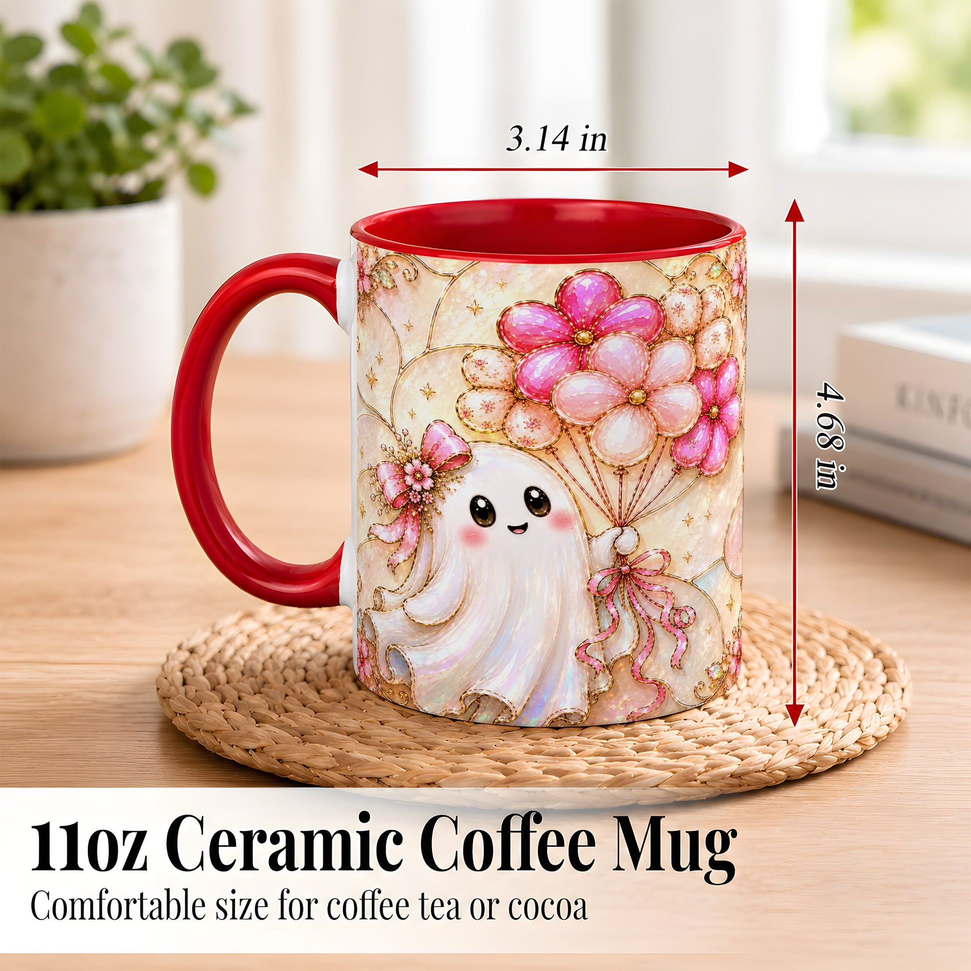 #pl[11oz|Red] Ghost Balloon Coffee Mug, Pink Floral Ghost Mug, Ceramic Cup