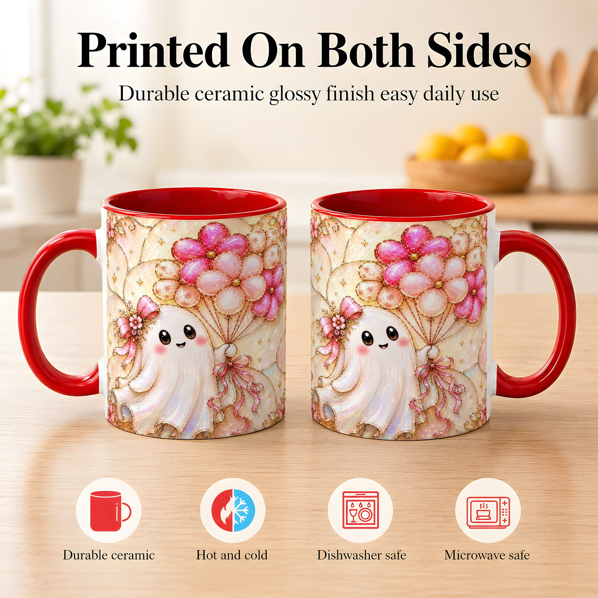 #pl[11oz|Red] Ghost Balloon Coffee Mug, Pink Floral Ghost Mug, Ceramic Cup