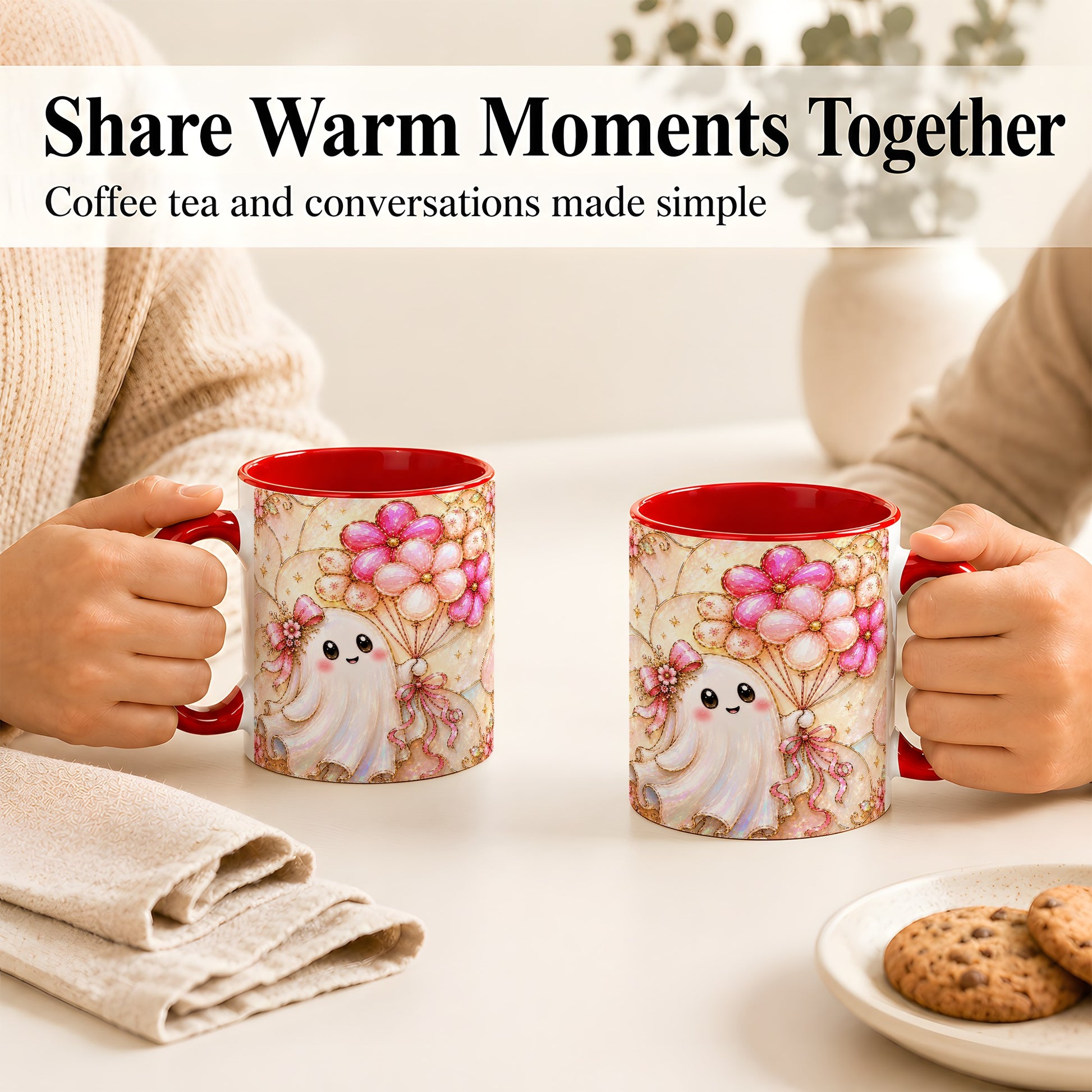 #pl[11oz|Red] Ghost Balloon Coffee Mug, Pink Floral Ghost Mug, Ceramic Cup