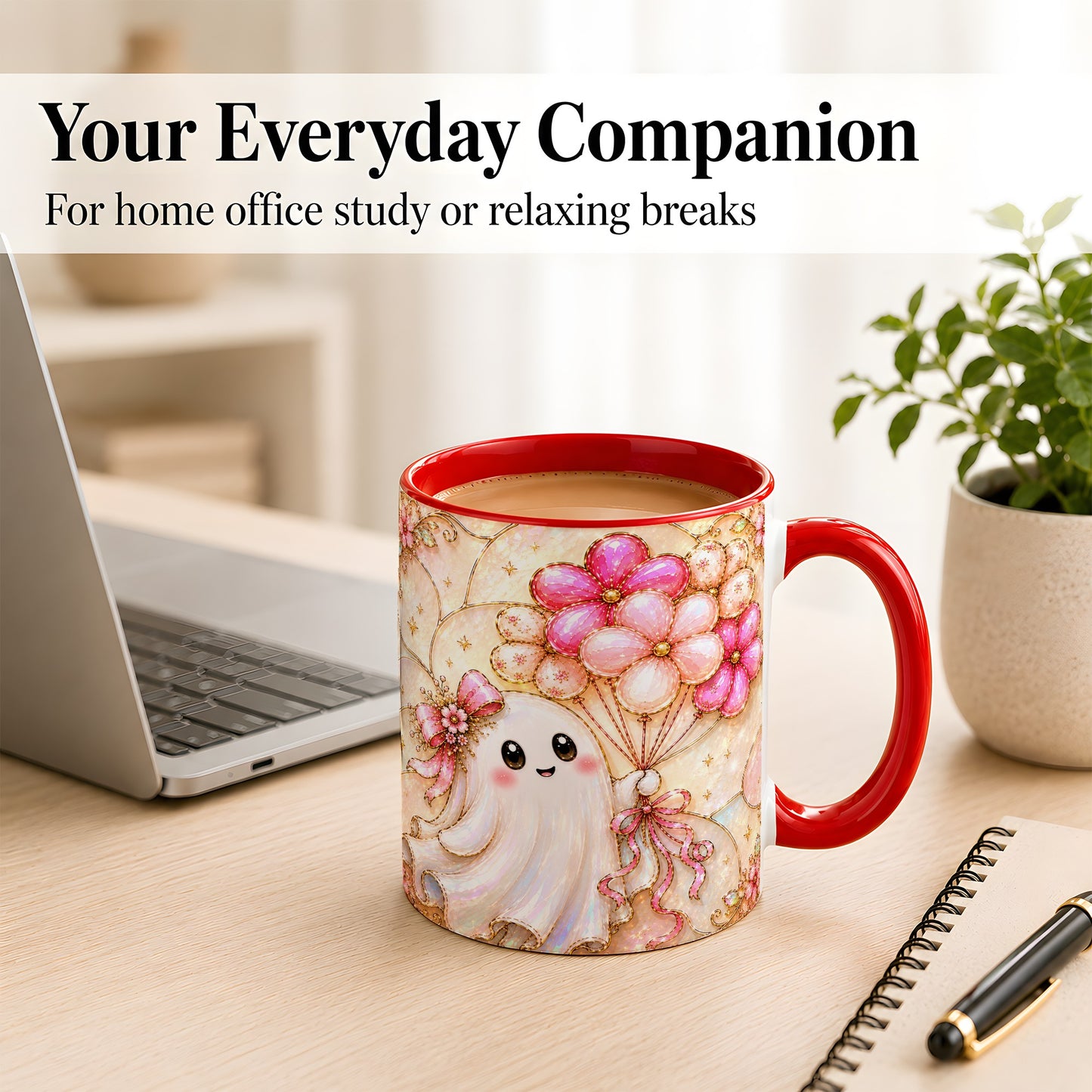 #pl[11oz|Red] Ghost Balloon Coffee Mug, Pink Floral Ghost Mug, Ceramic Cup