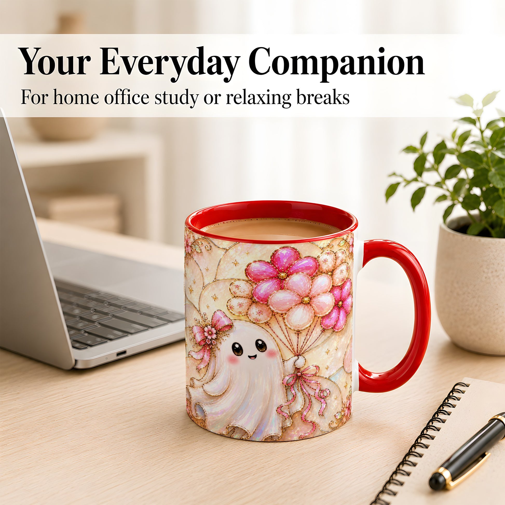#pl[11oz|Red] Ghost Balloon Coffee Mug, Pink Floral Ghost Mug, Ceramic Cup
