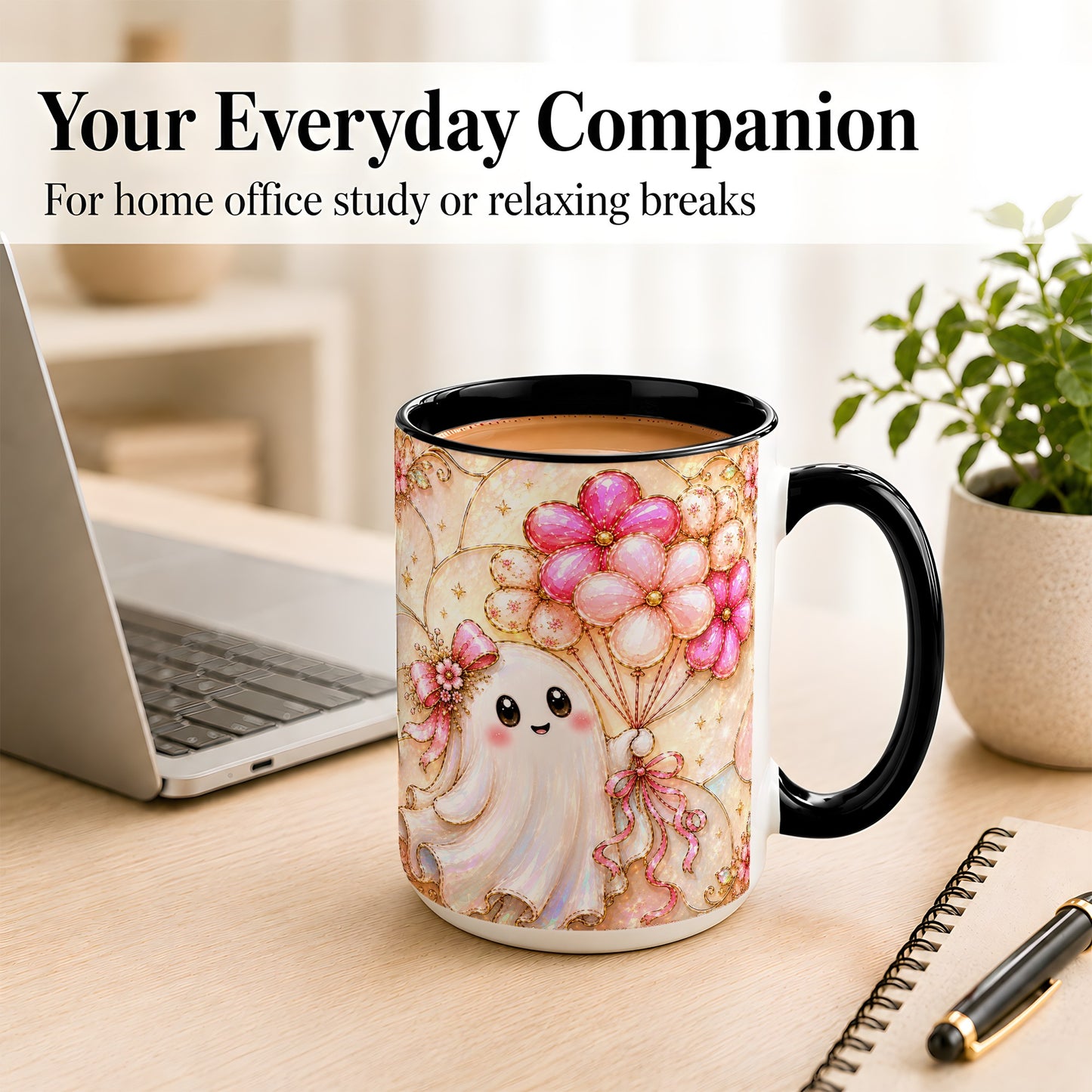 #pl[15oz|Black] Ghost Balloon Coffee Mug, Pink Floral Ghost Mug, Ceramic Cup