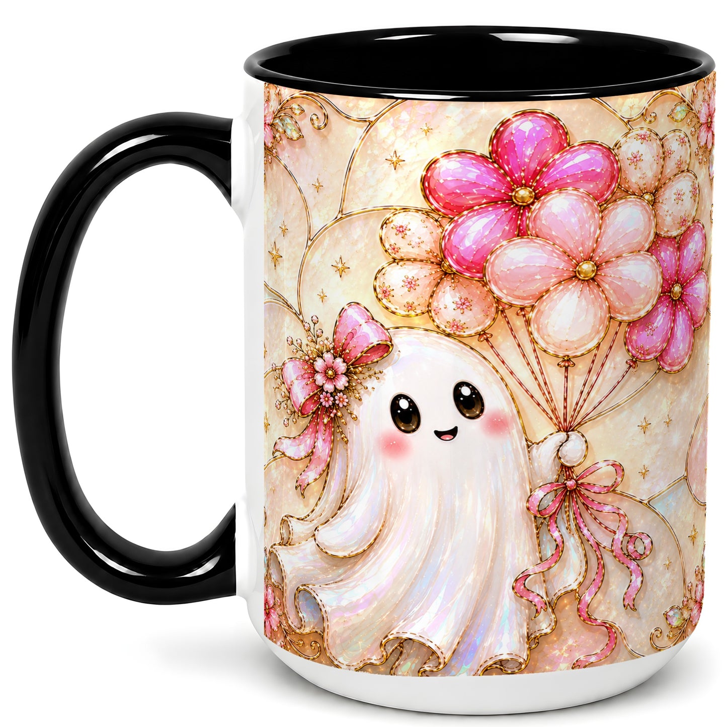 #pl[15oz|Black] Ghost Balloon Coffee Mug, Pink Floral Ghost Mug, Ceramic Cup