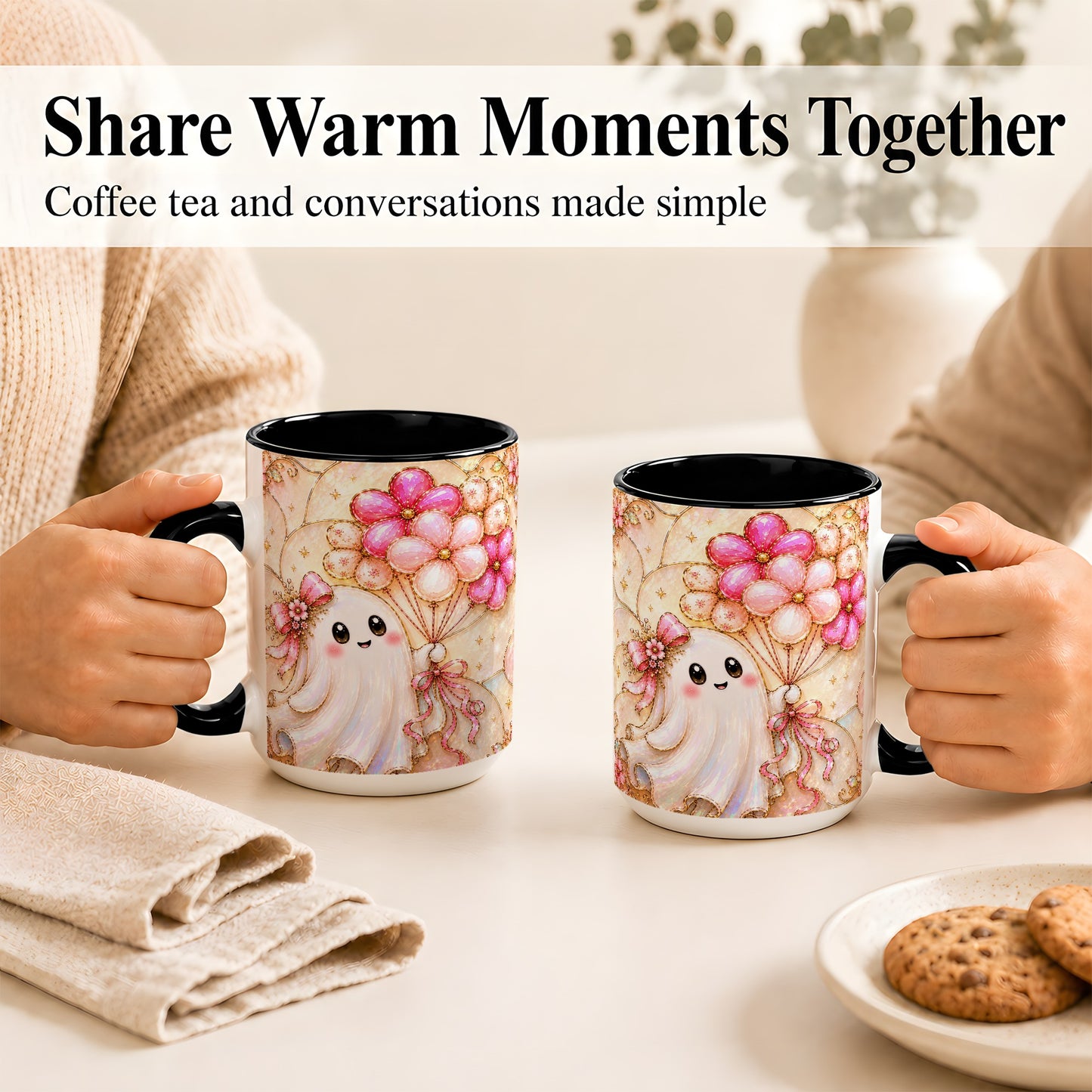 #pl[15oz|Black] Ghost Balloon Coffee Mug, Pink Floral Ghost Mug, Ceramic Cup
