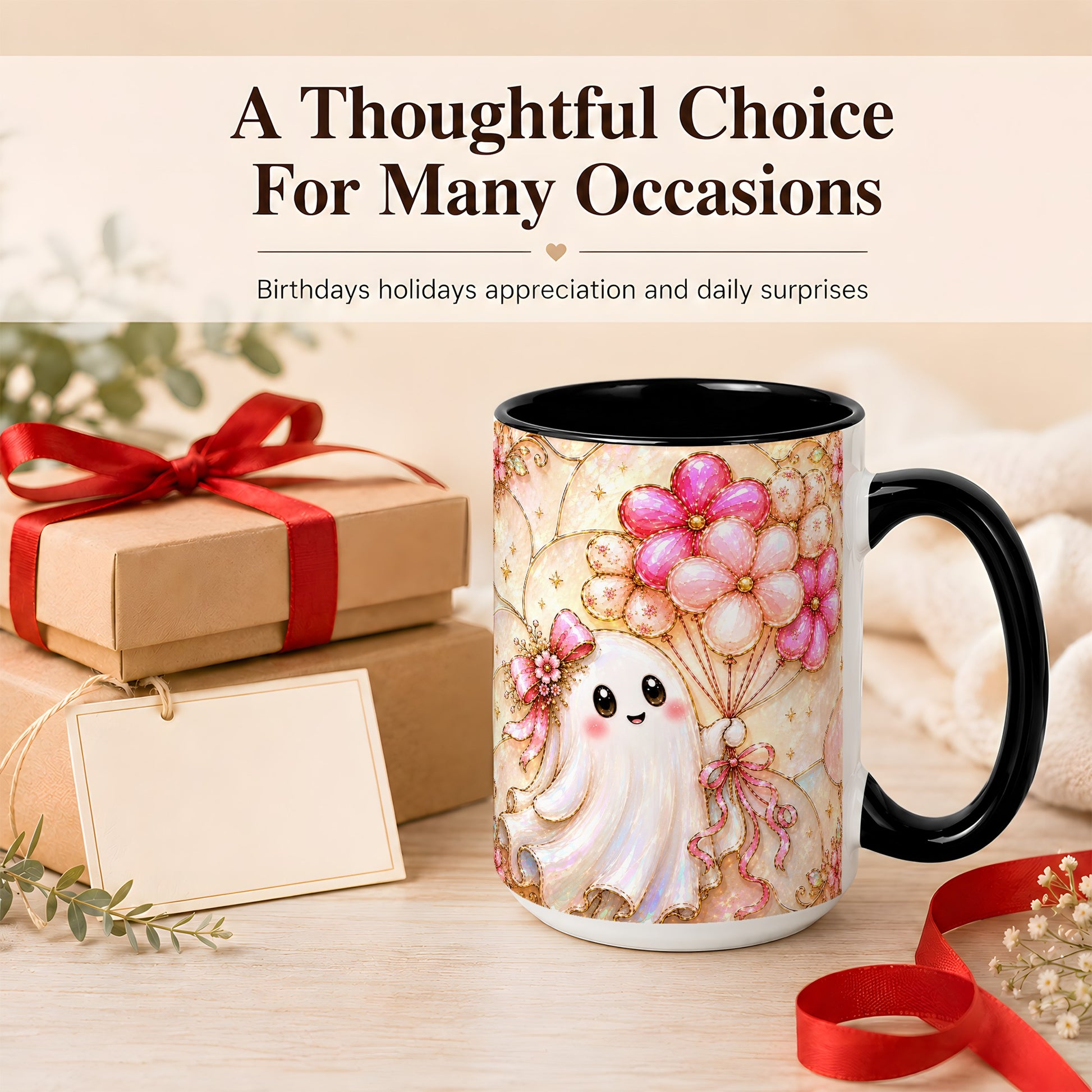 #pl[15oz|Black] Ghost Balloon Coffee Mug, Pink Floral Ghost Mug, Ceramic Cup